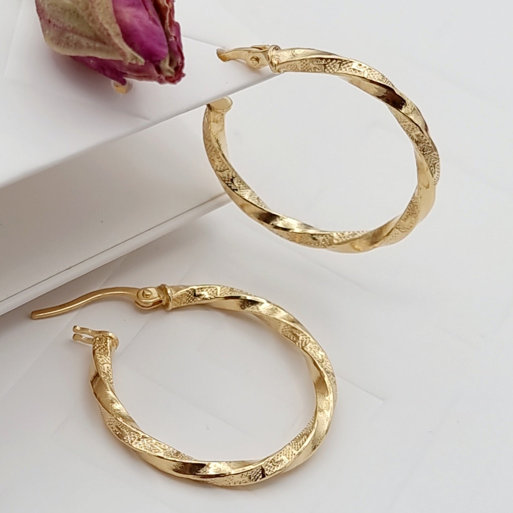 18K Pure Gold Round Twisted Earring Set