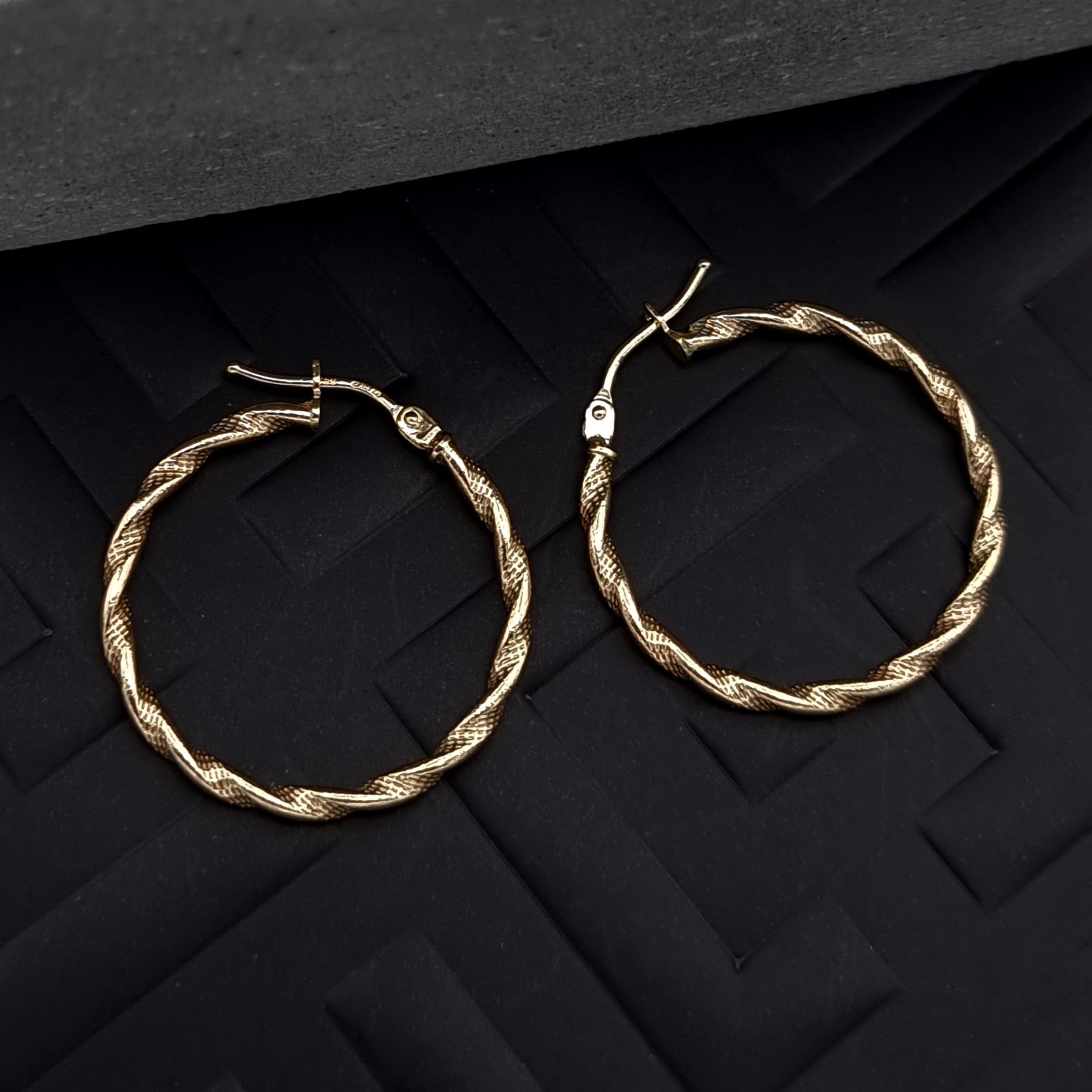 18K Pure Gold Twisted Round Hoop Earring Set