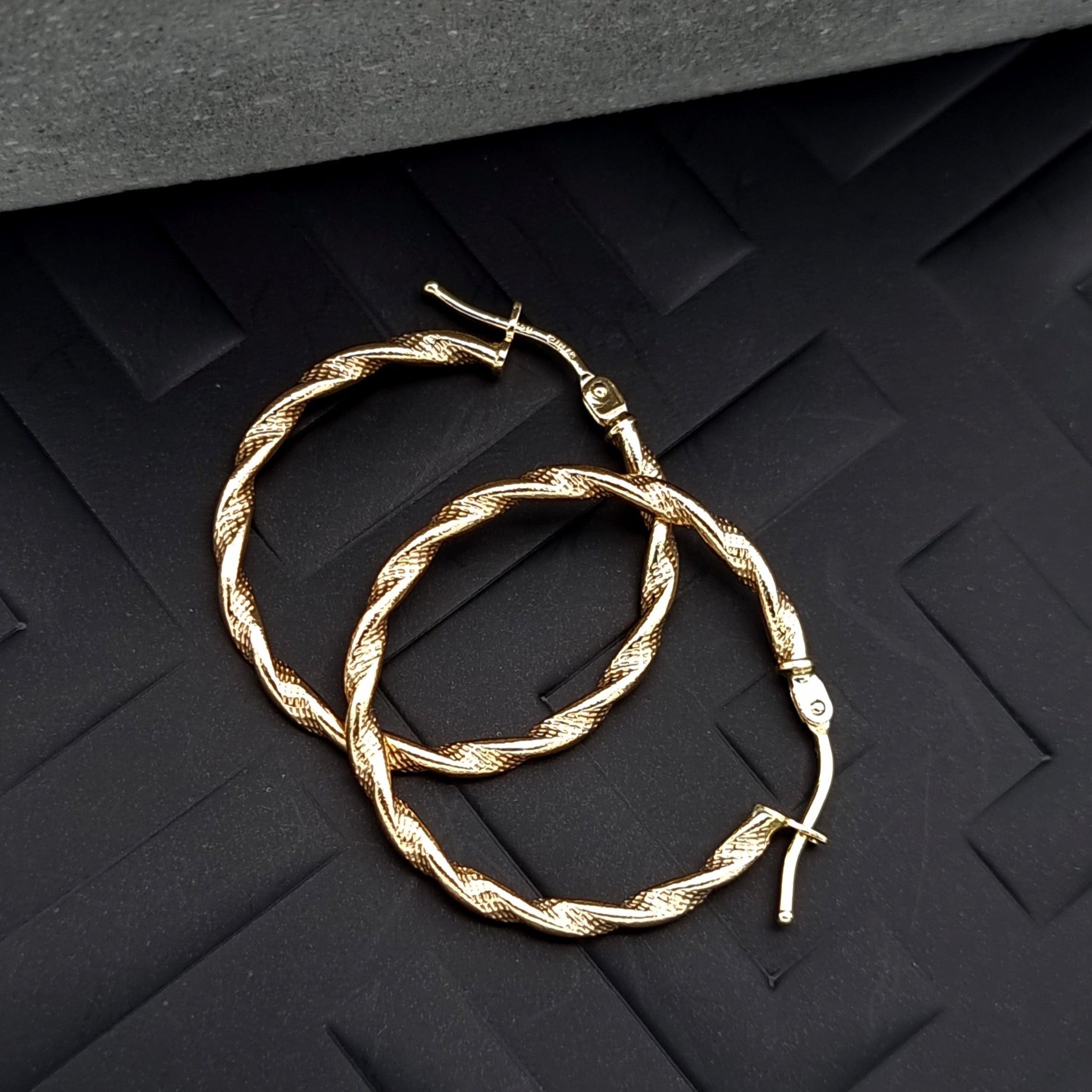 18K Pure Gold Twisted Round Hoop Earring Set