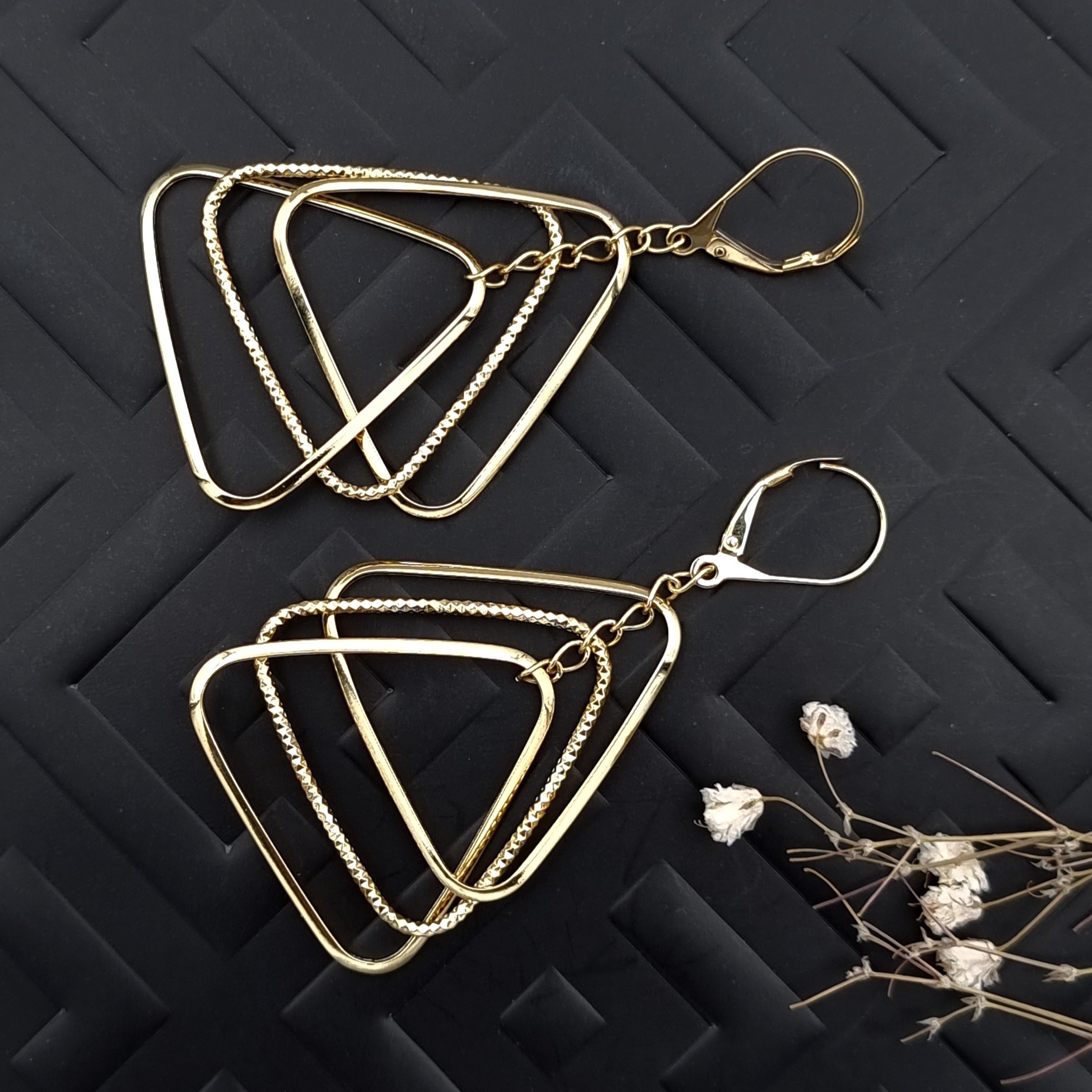 18K Pure Gold Hanging Triangle Earring Set