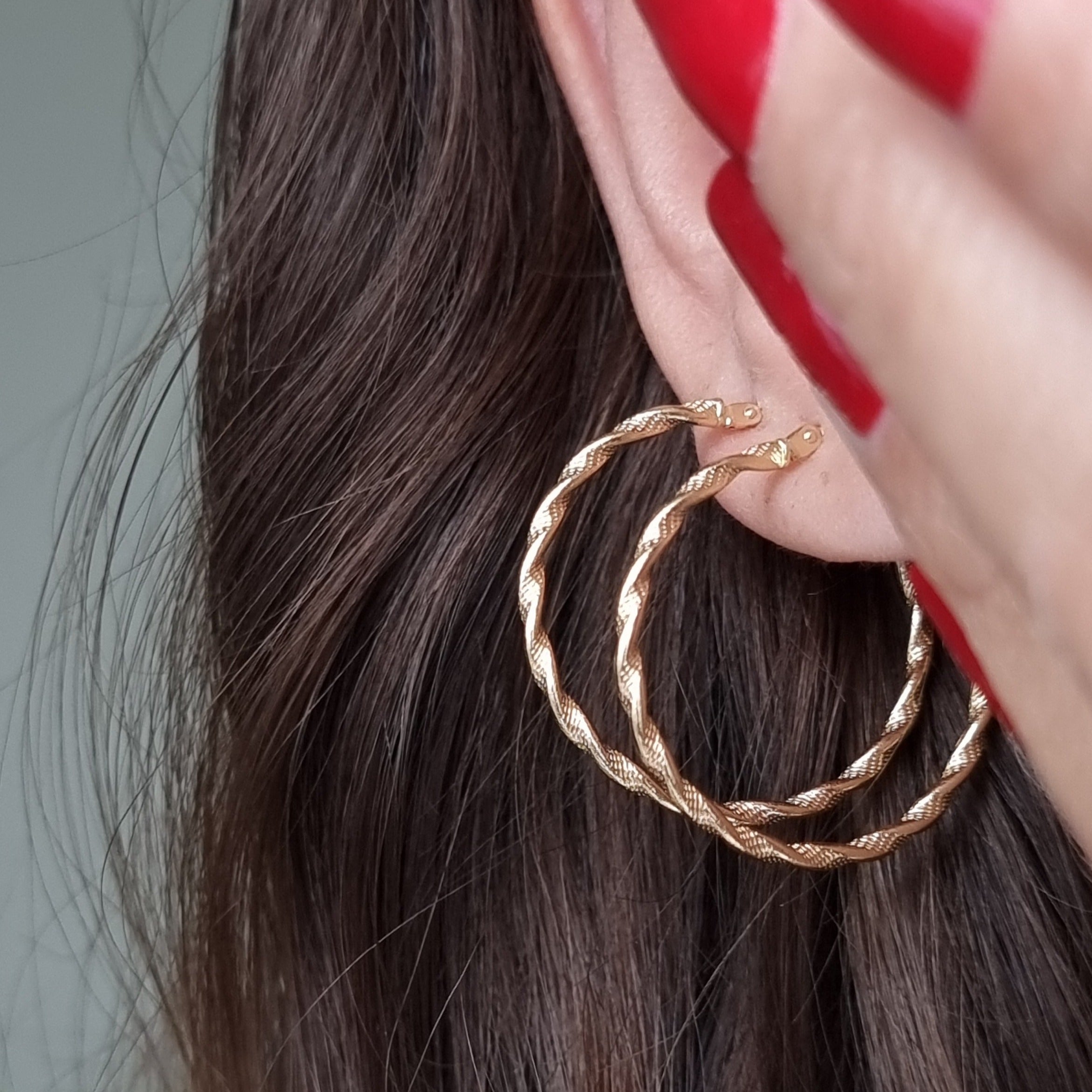 18K Pure Gold Twisted Round Hoop Earring Set