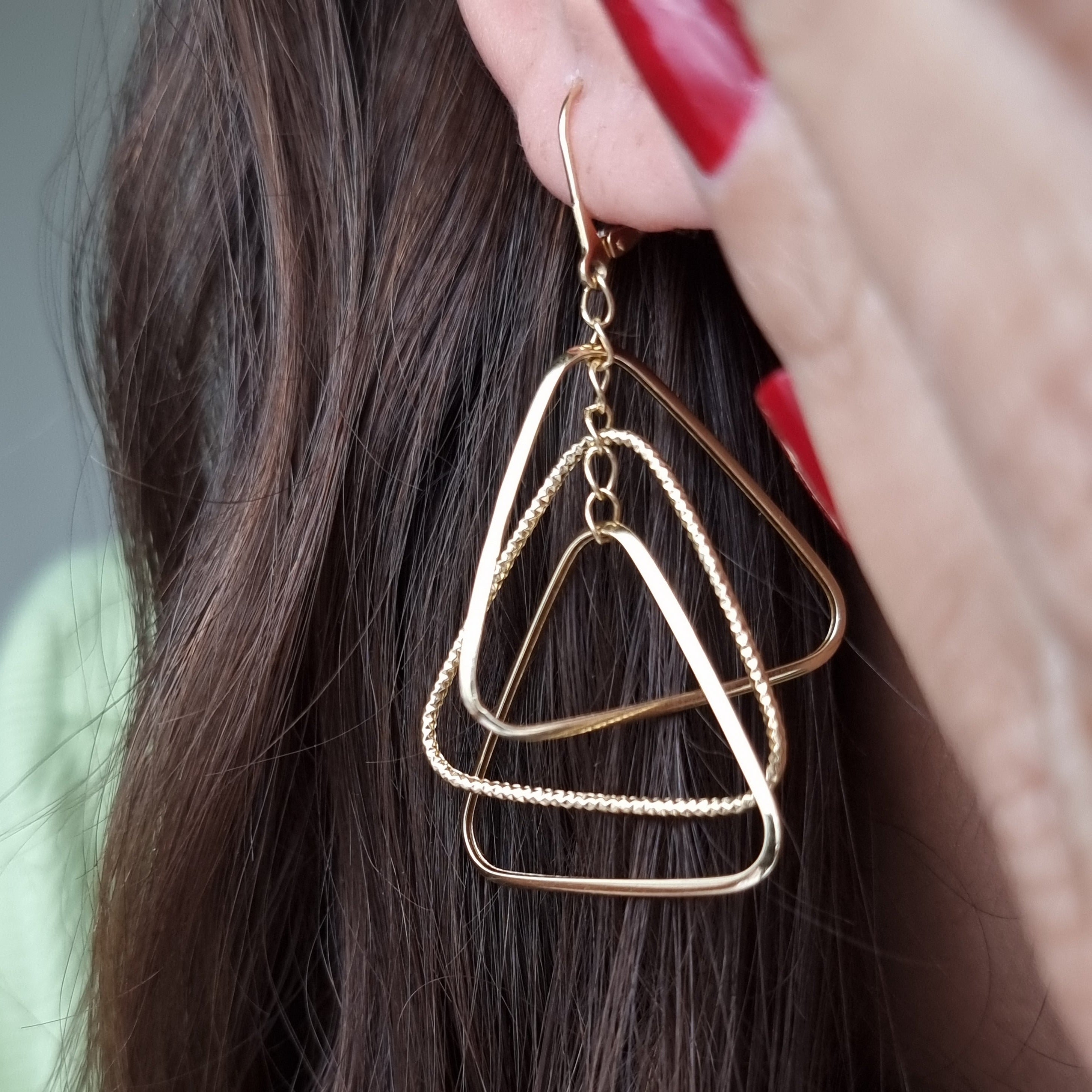 18K Pure Gold Hanging Triangle Earring Set