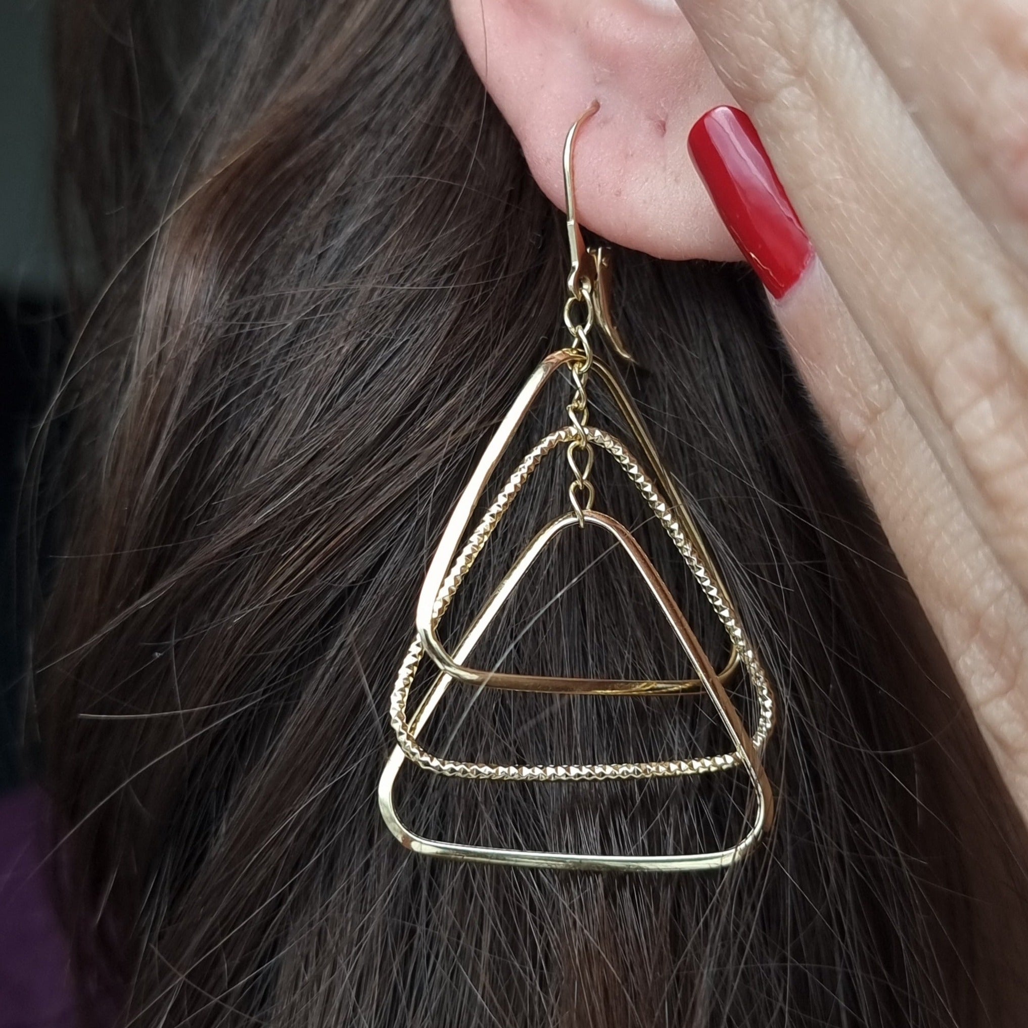 18K Pure Gold Hanging Triangle Earring Set