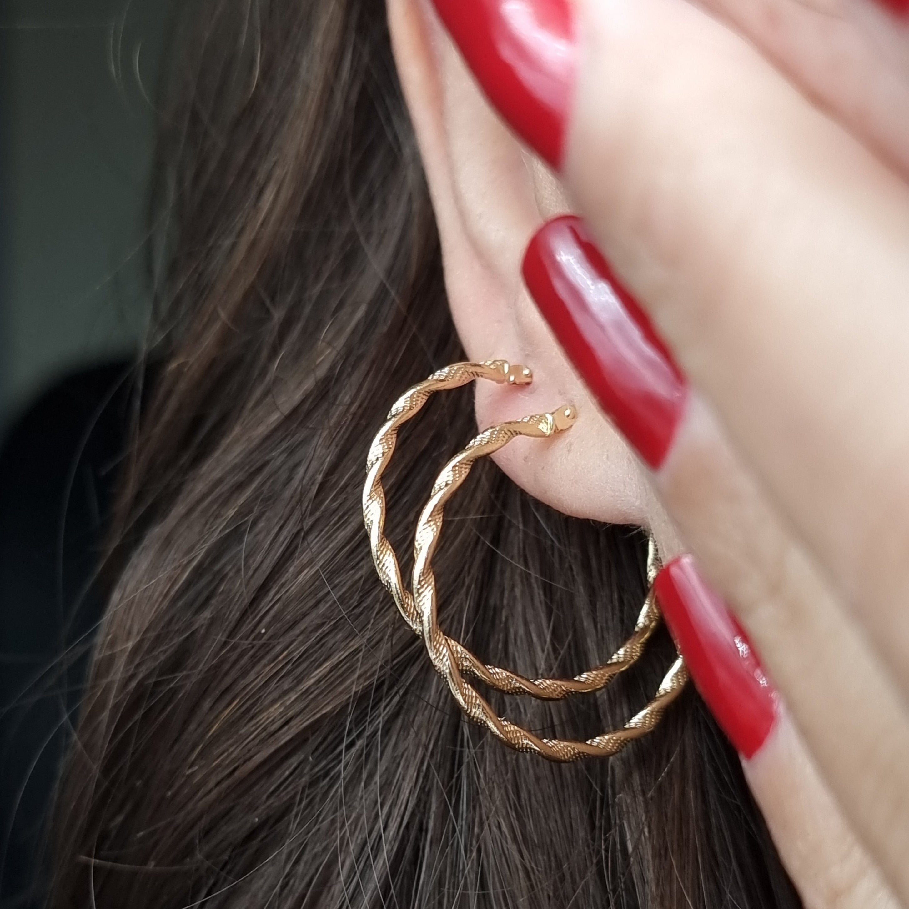 18K Pure Gold Twisted Round Hoop Earring Set