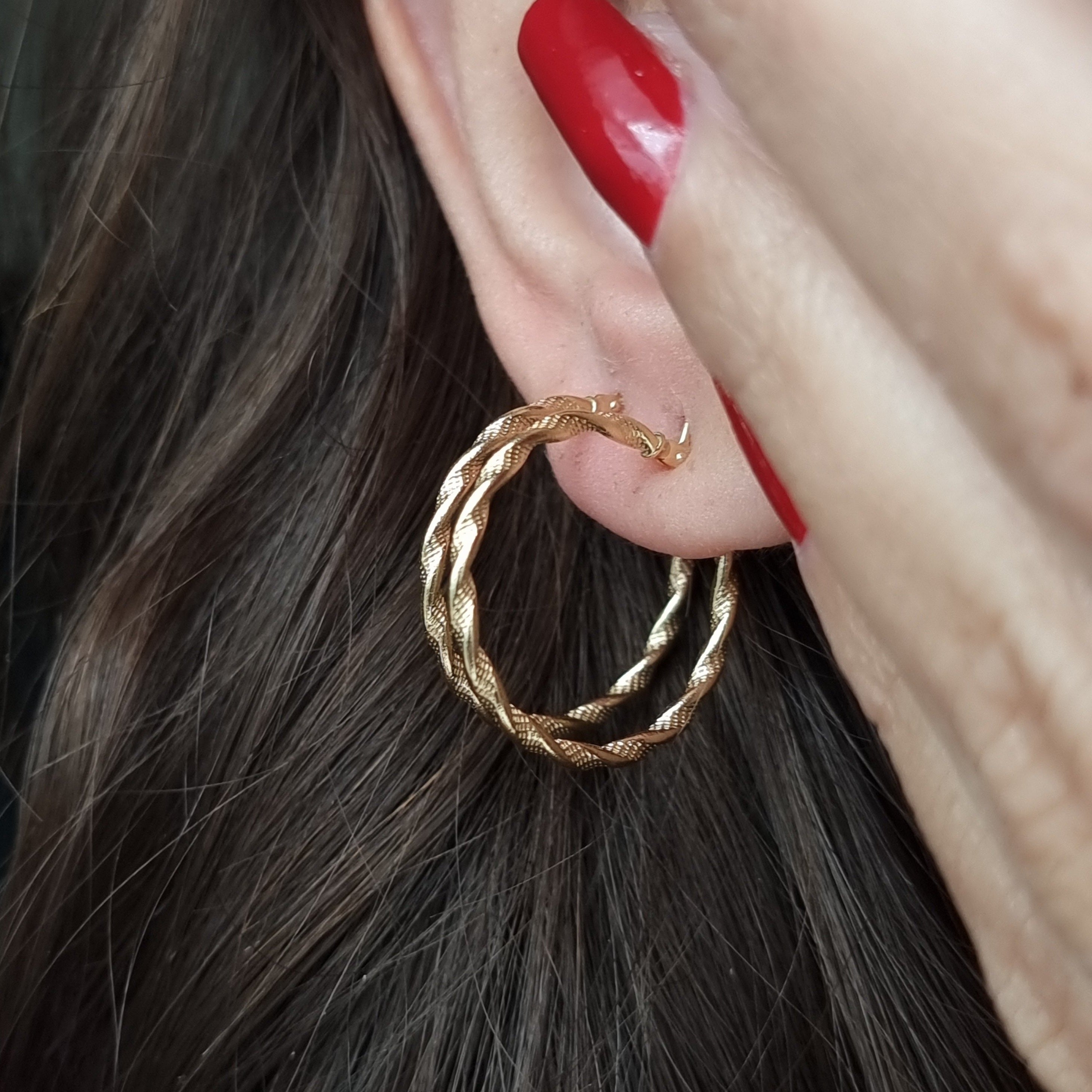 18K Pure Gold Twisted Round Hoop Earring Set