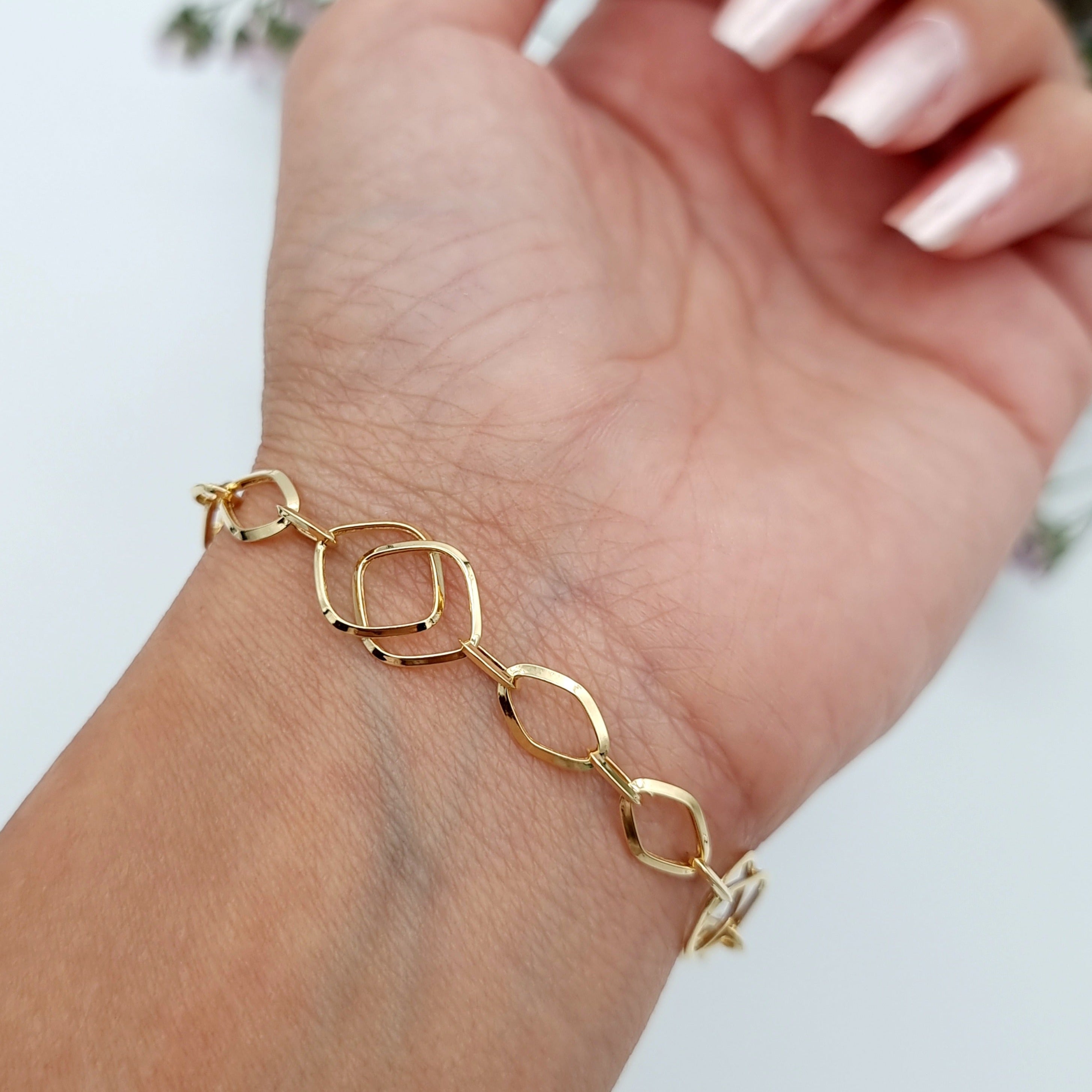 18K Pure Gold Linked Square Oval Bracelet
