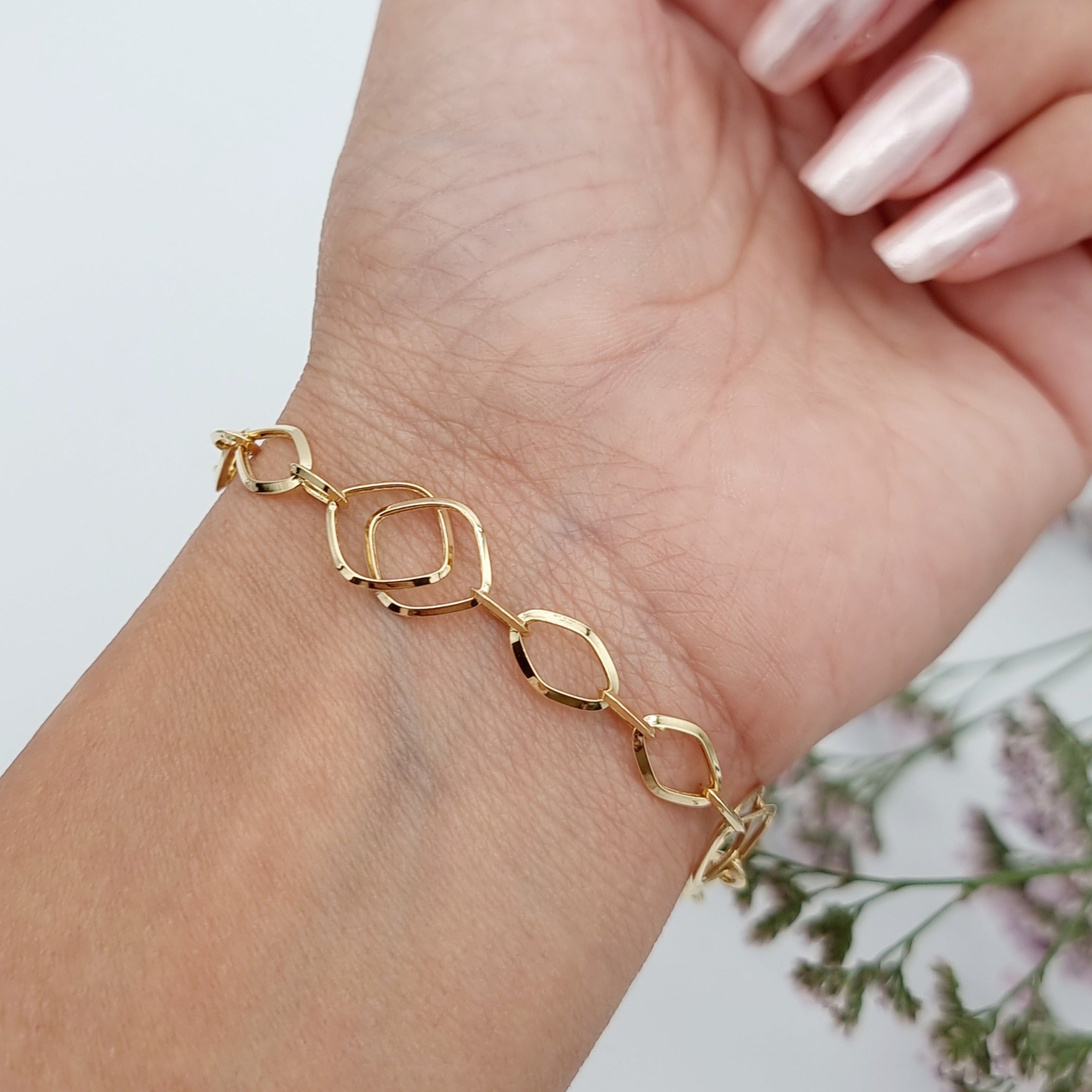 18K Pure Gold Linked Square Oval Bracelet