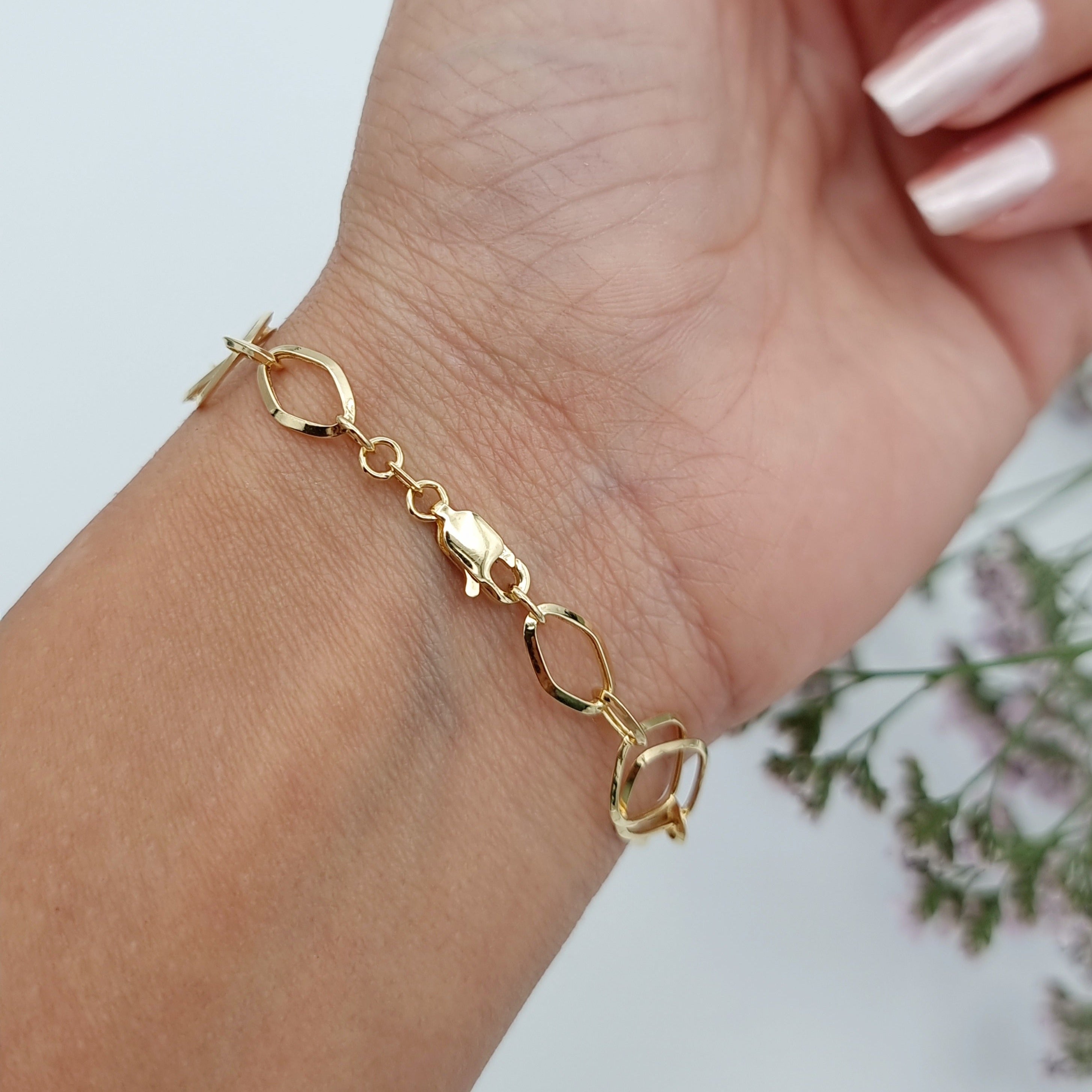 18K Pure Gold Linked Square Oval Bracelet