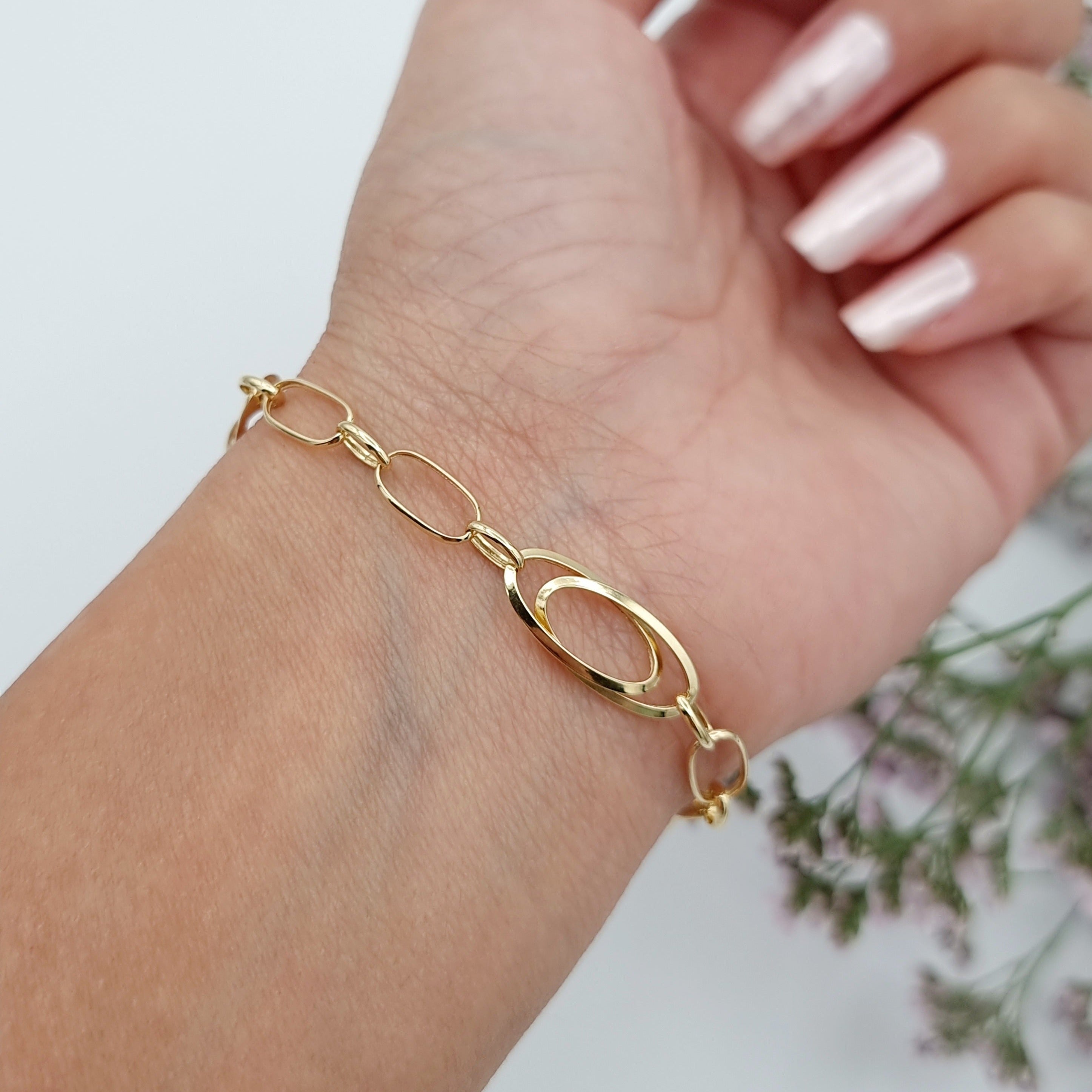 18K Pure Gold Linked Square Oval Bracelet