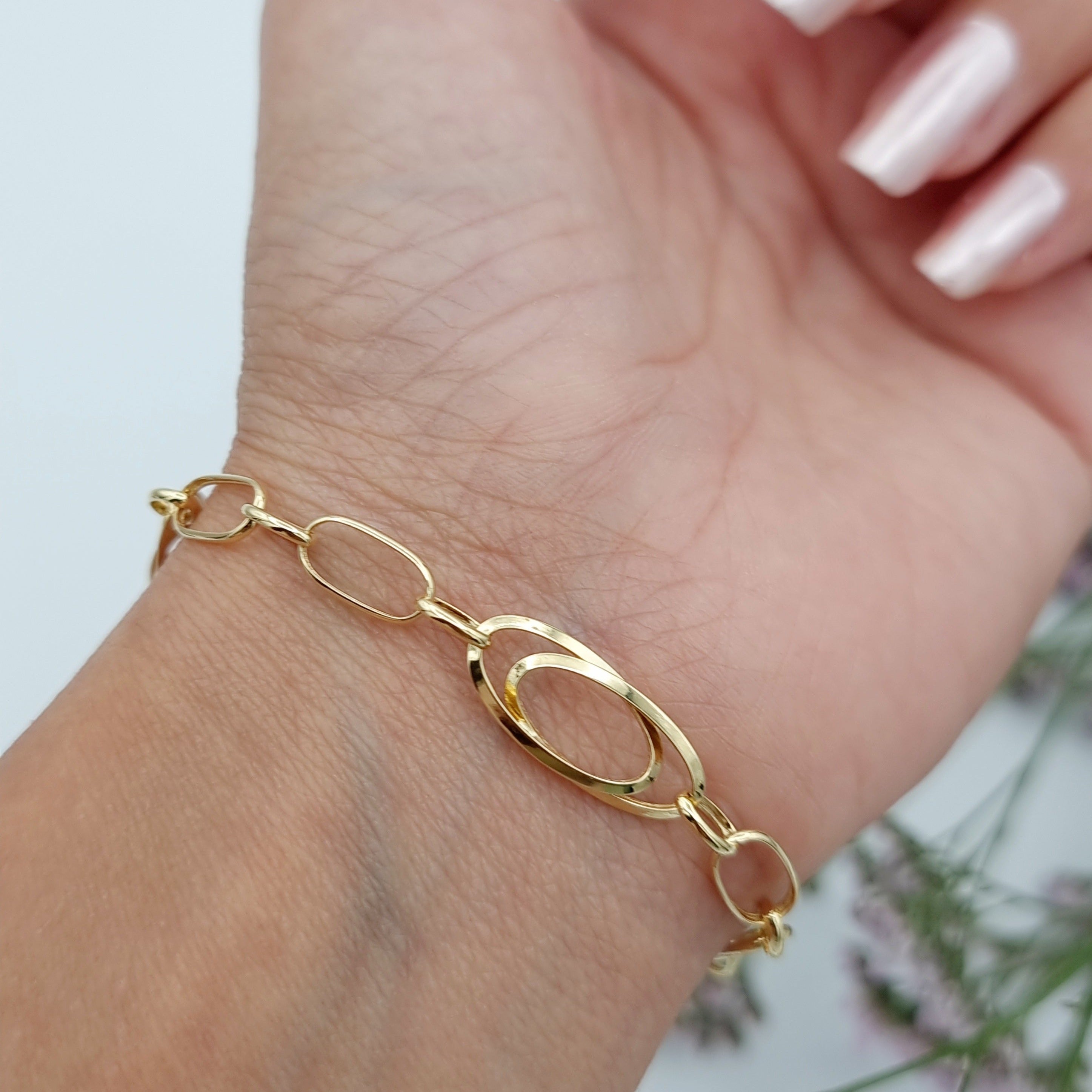 18K Pure Gold Linked Square Oval Bracelet