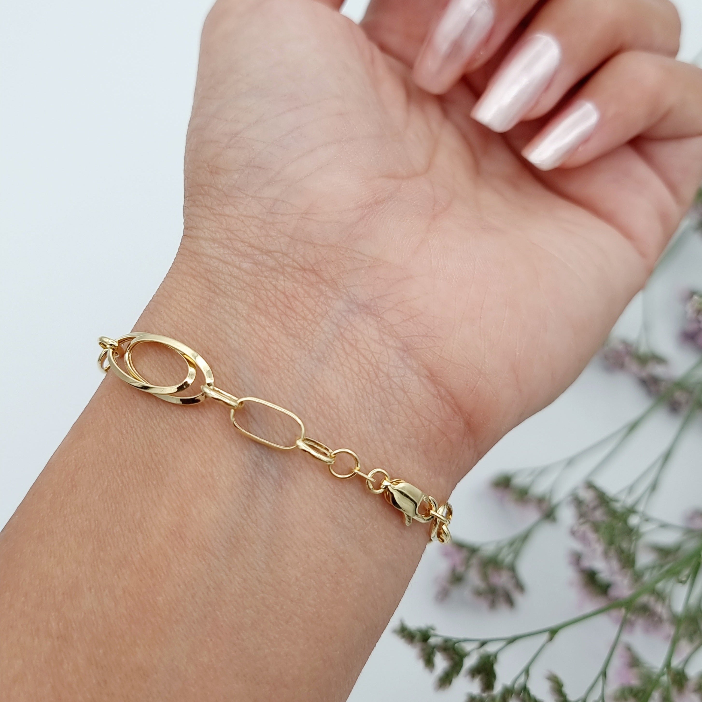 18K Pure Gold Linked Square Oval Bracelet