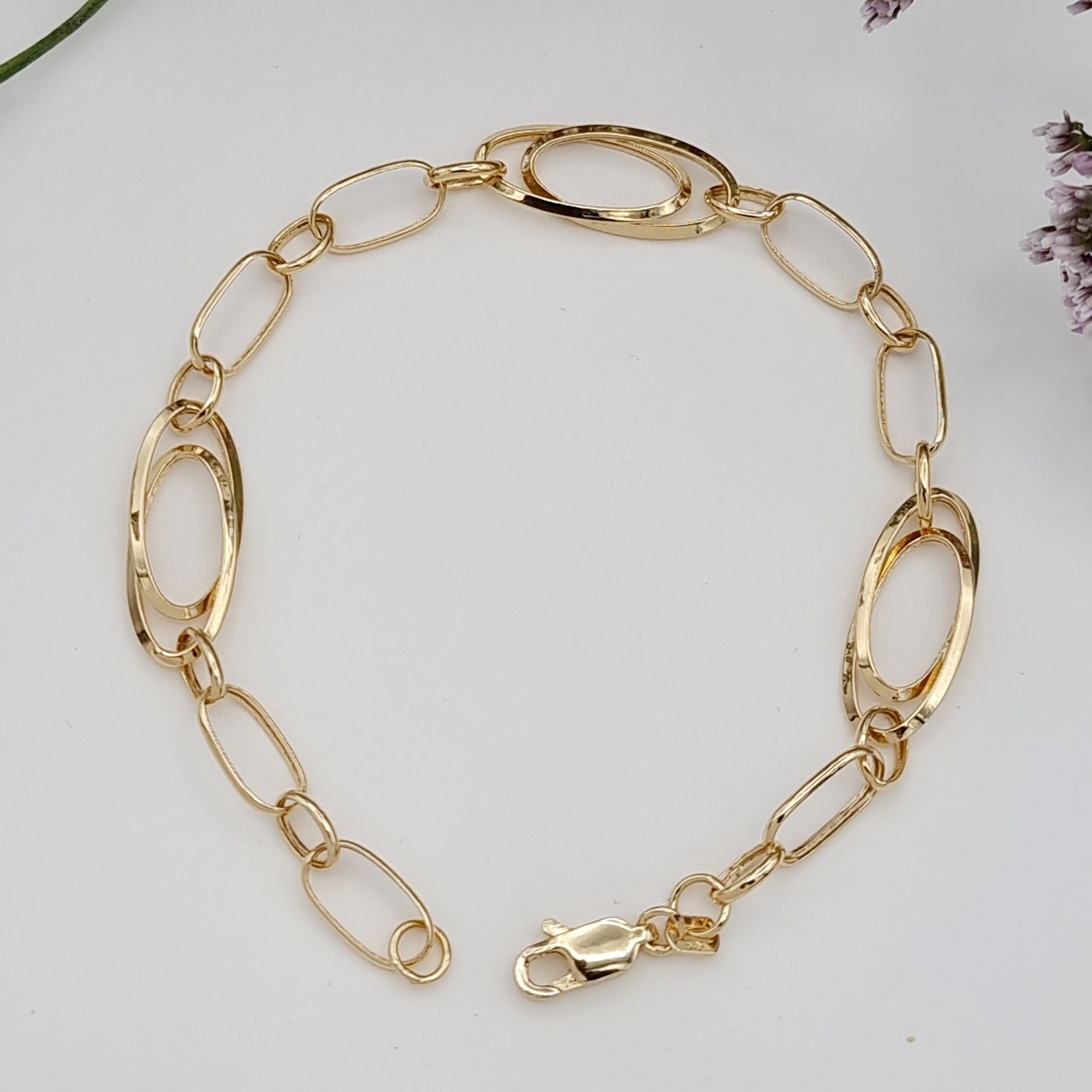 18K Pure Gold Linked Square Oval Bracelet