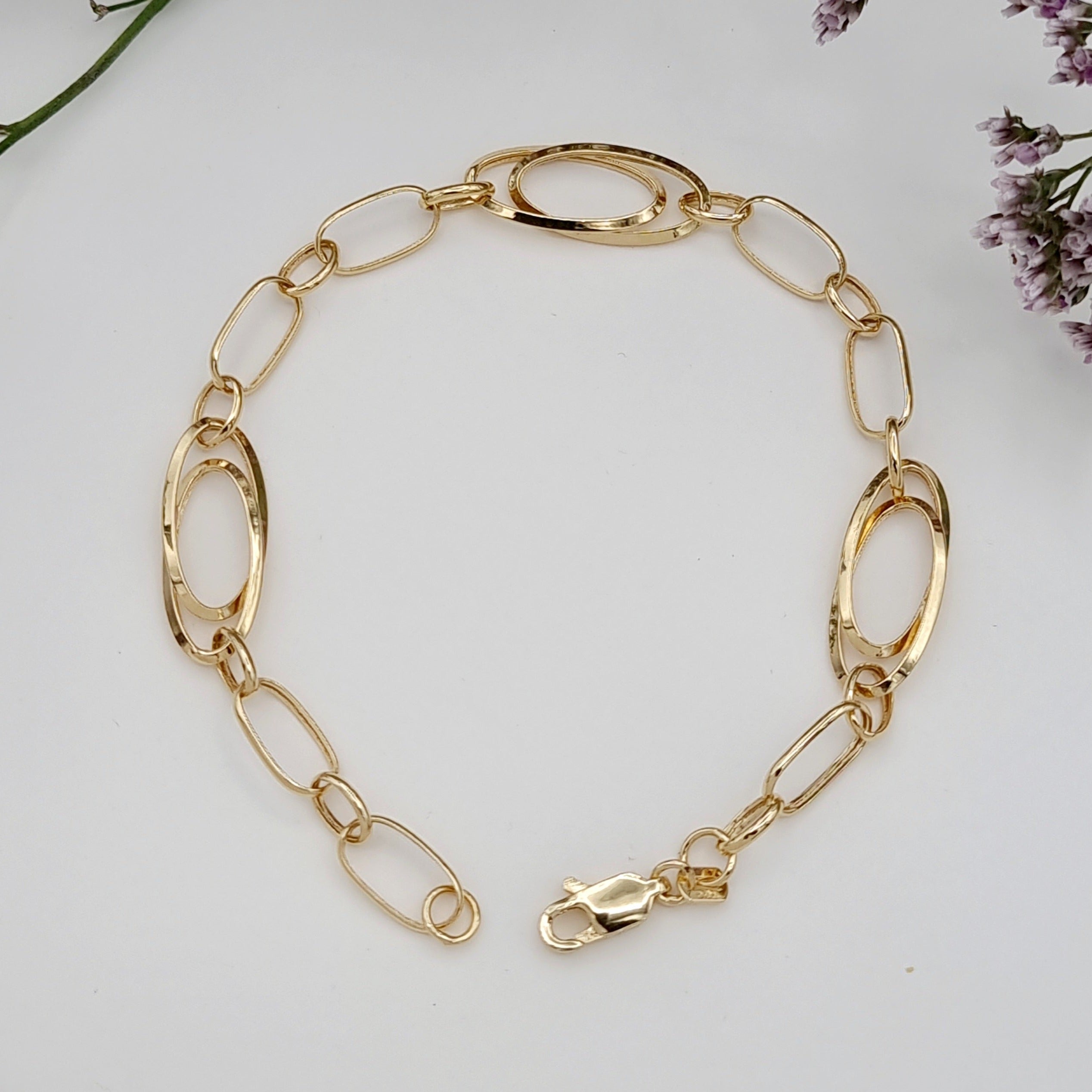 18K Pure Gold Linked Square Oval Bracelet