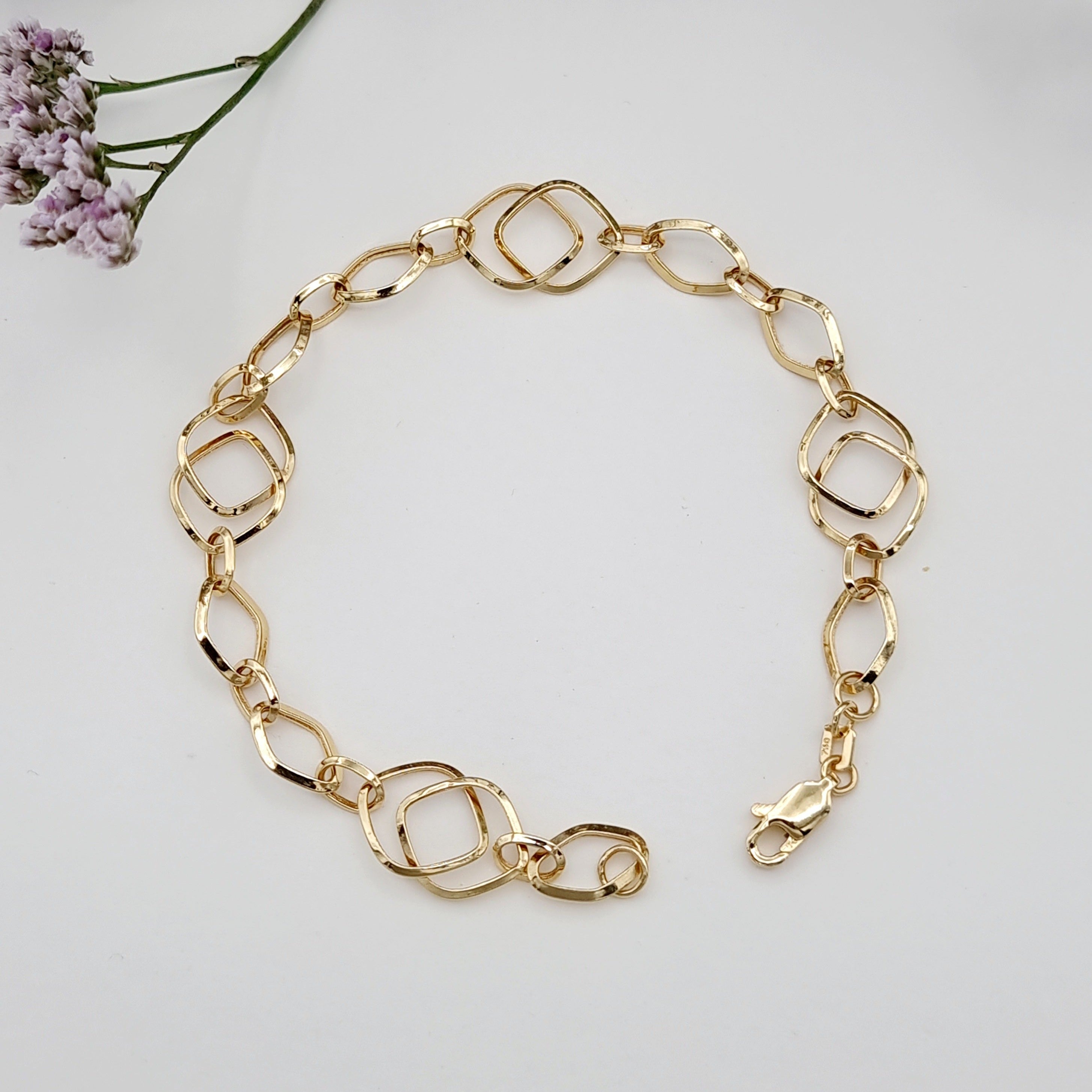 18K Pure Gold Linked Square Oval Bracelet