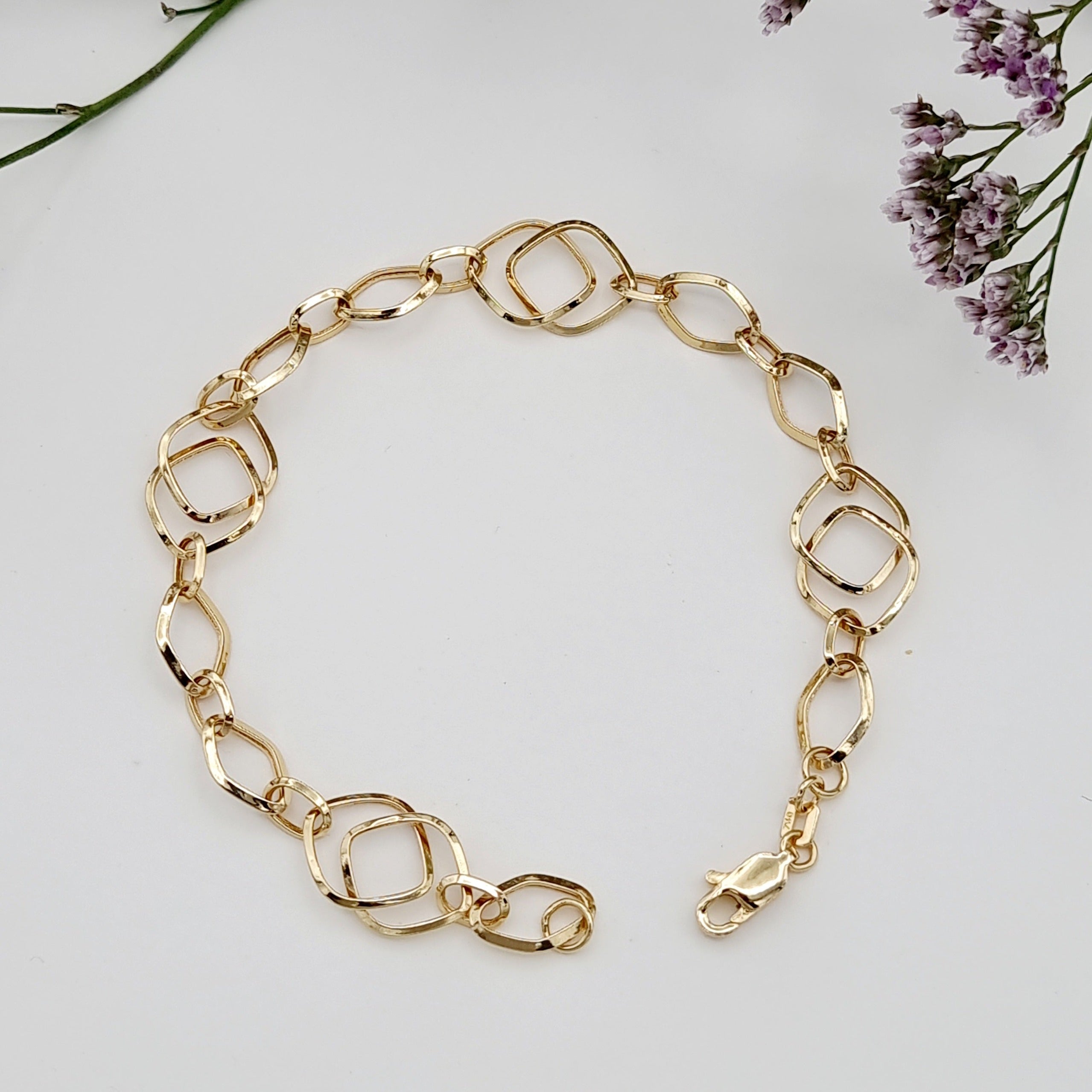 18K Pure Gold Linked Square Oval Bracelet