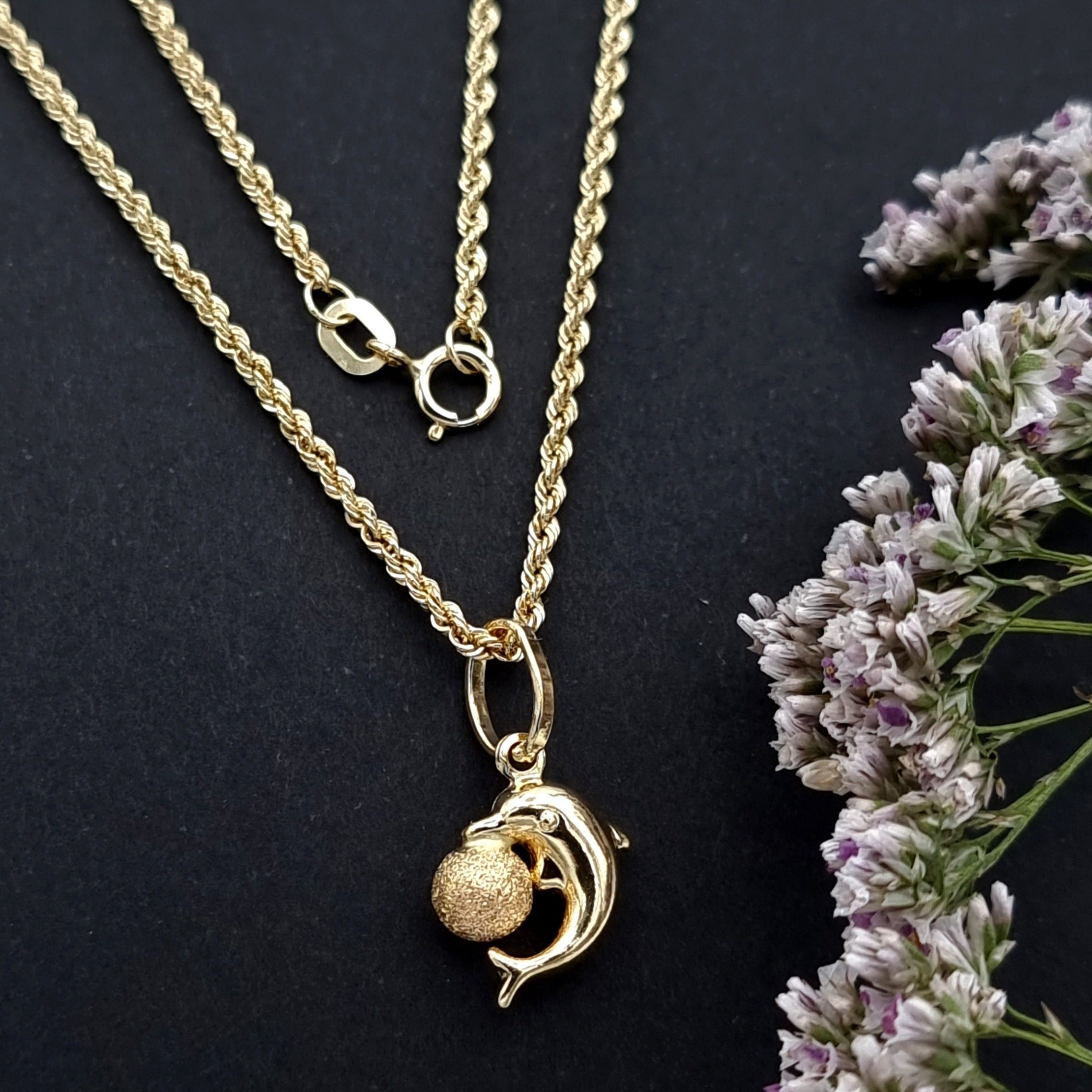 18K Pure Gold Dolphin Ball Necklace