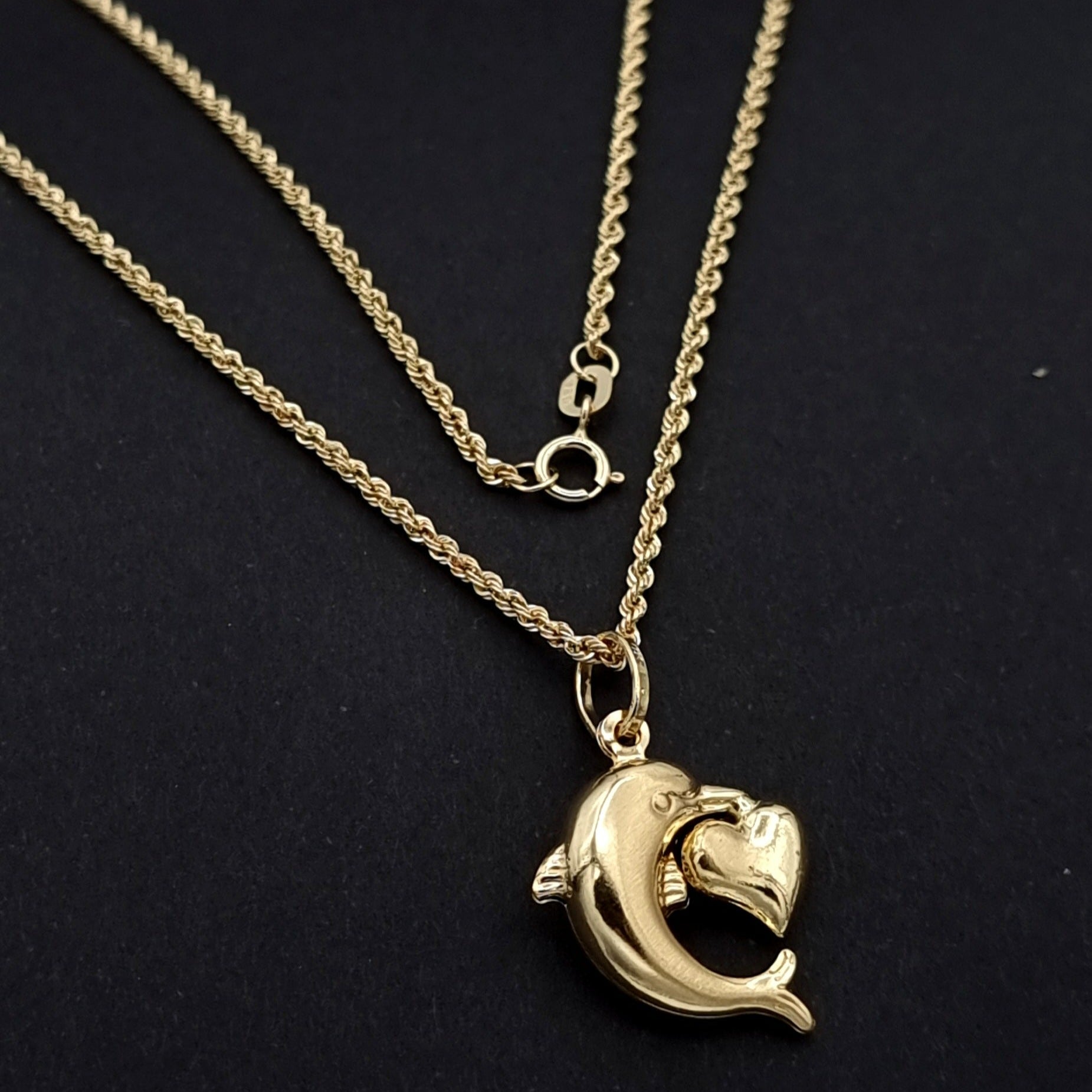 18K Pure Gold Heart Dolphin Necklace