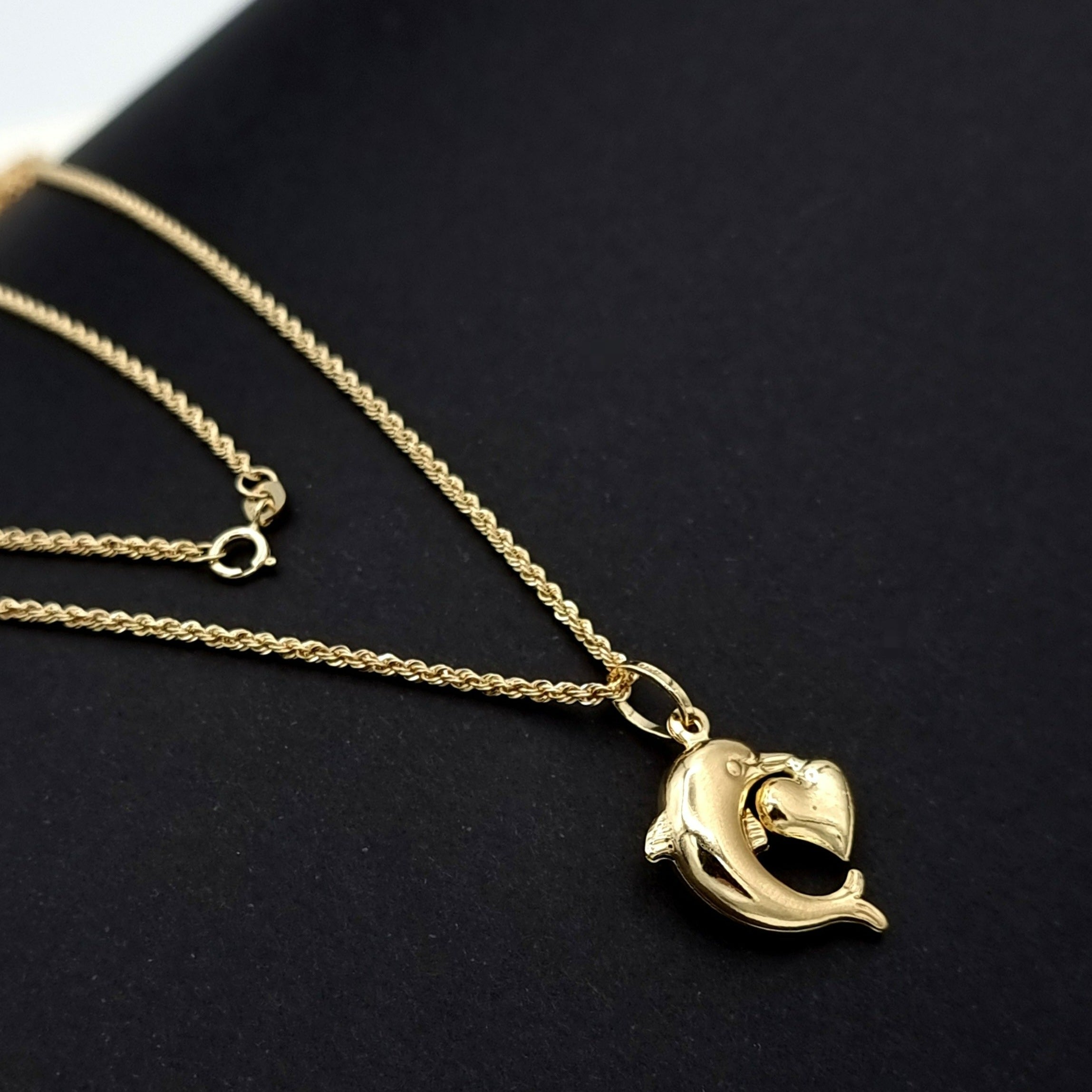 18K Pure Gold Heart Dolphin Necklace