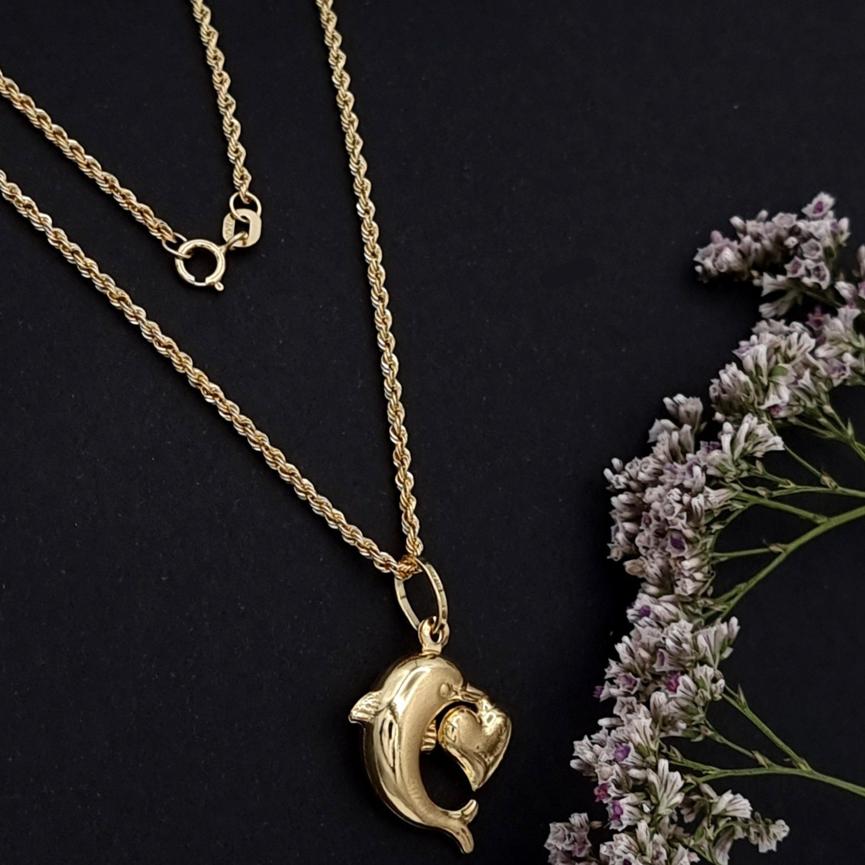 18K Pure Gold Heart Dolphin Necklace