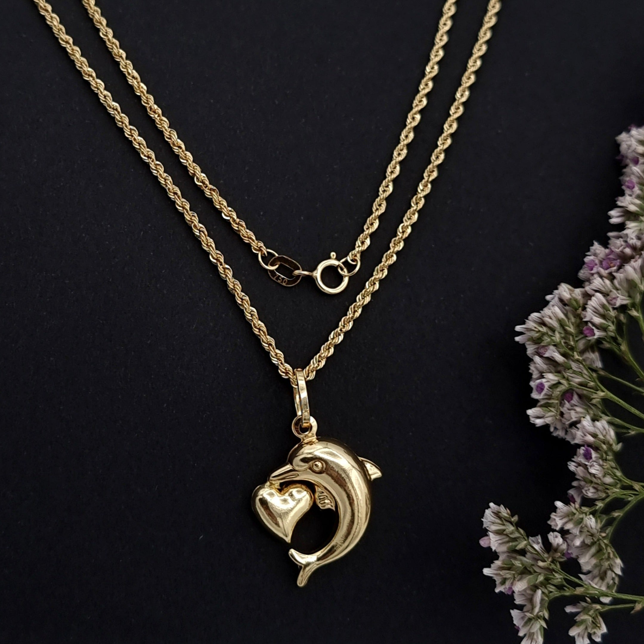 18K Pure Gold Heart Dolphin Necklace