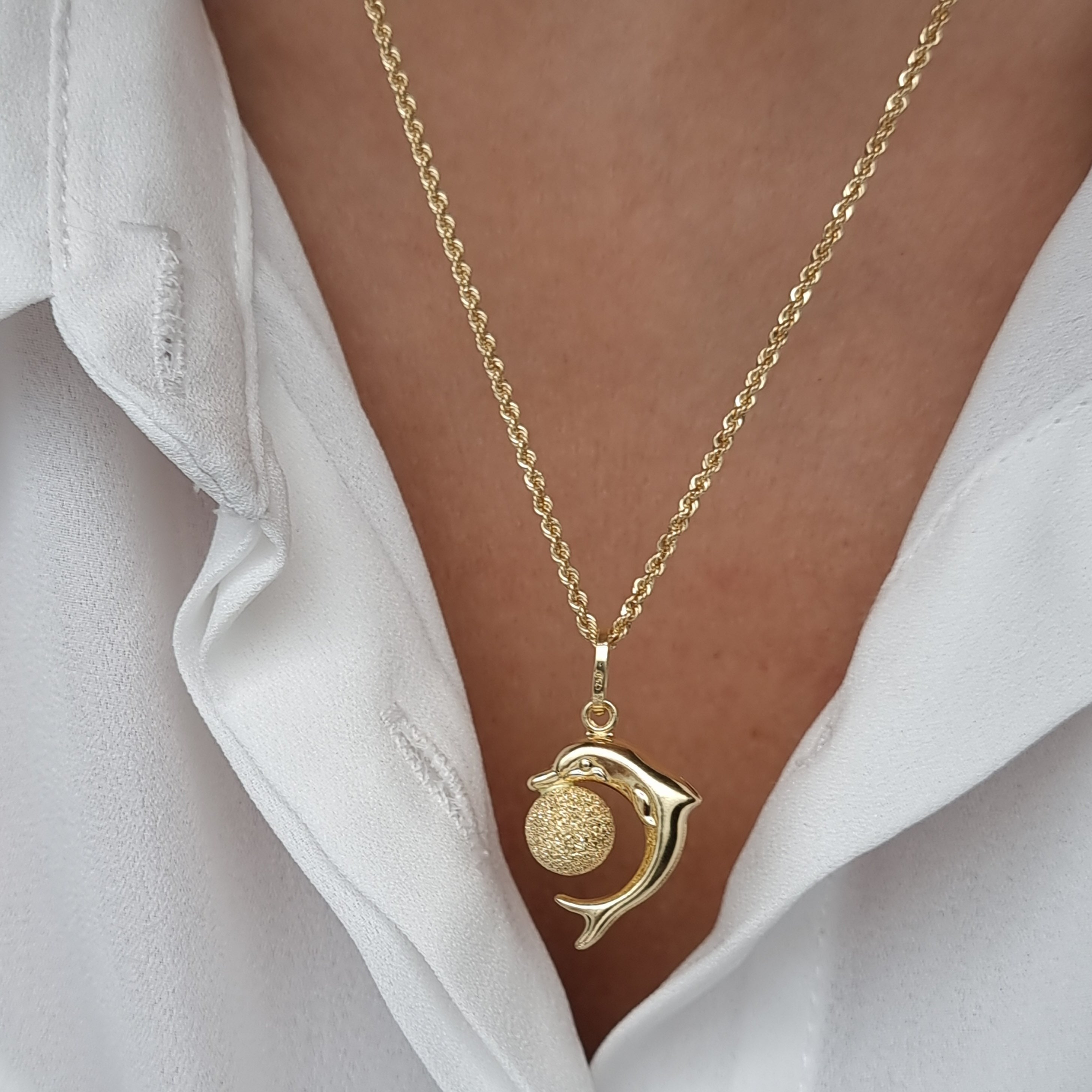 18K Pure Gold Dolphin Ball Necklace