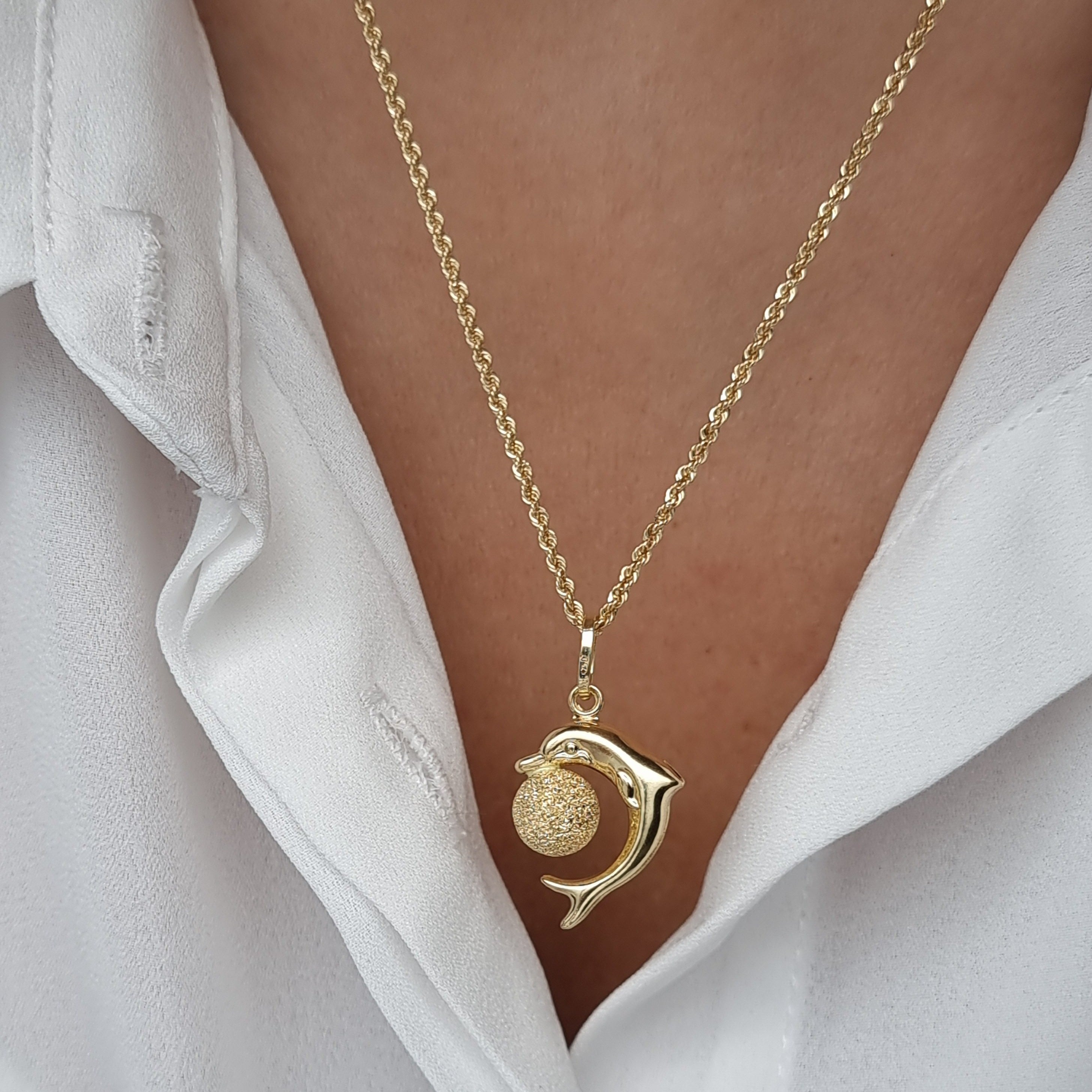 18K Pure Gold Dolphin Ball Necklace