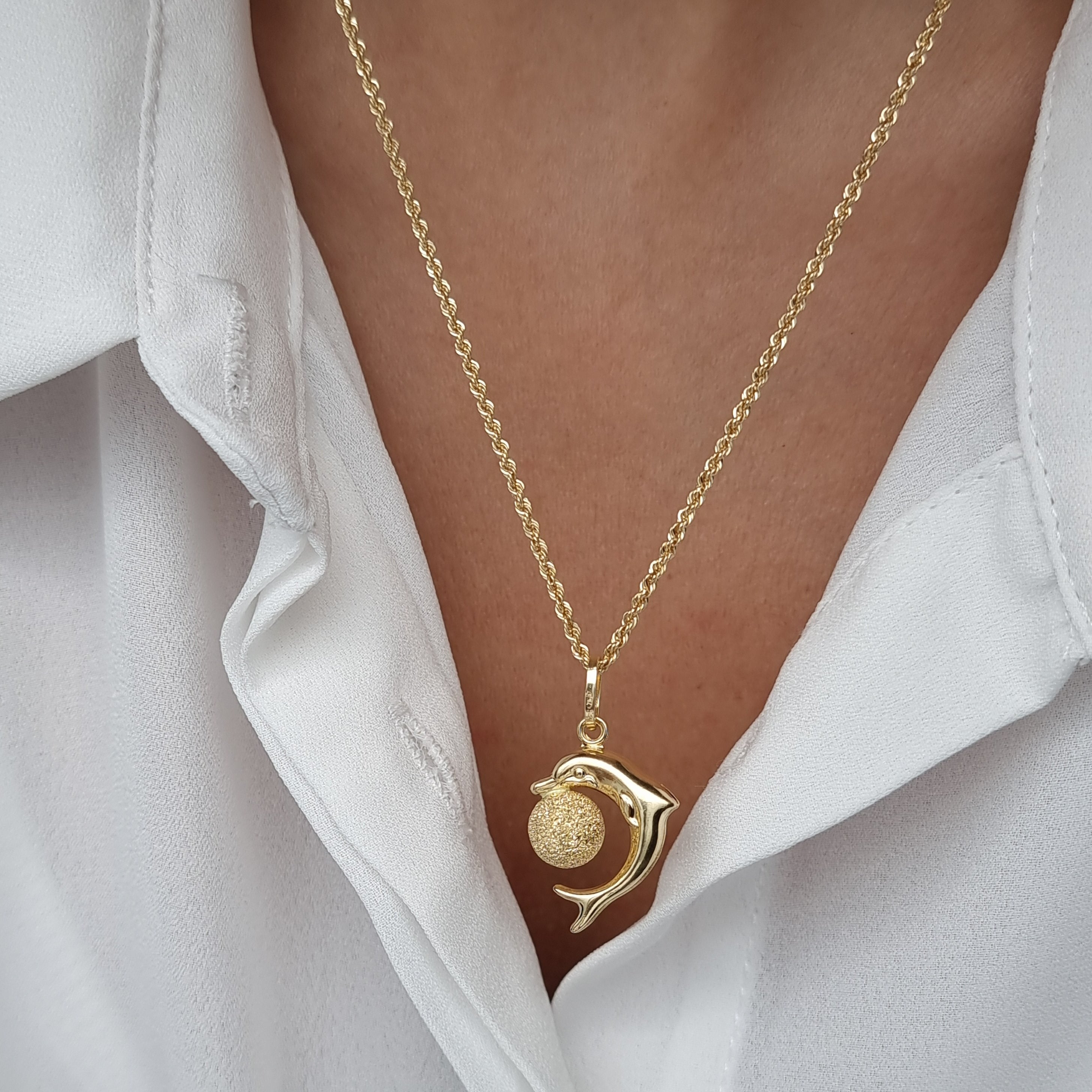 18K Pure Gold Dolphin Ball Necklace