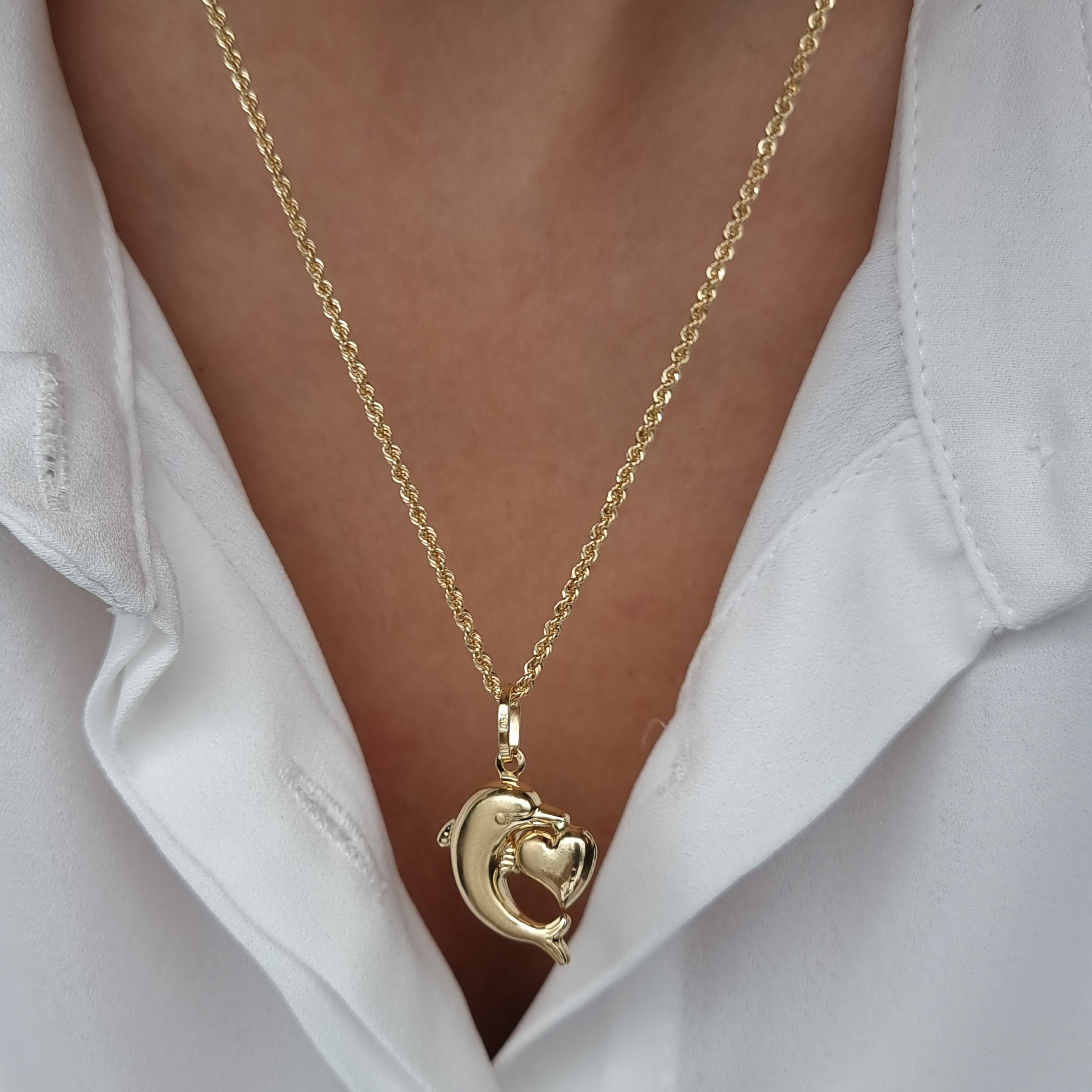 18K Pure Gold Heart Dolphin Necklace