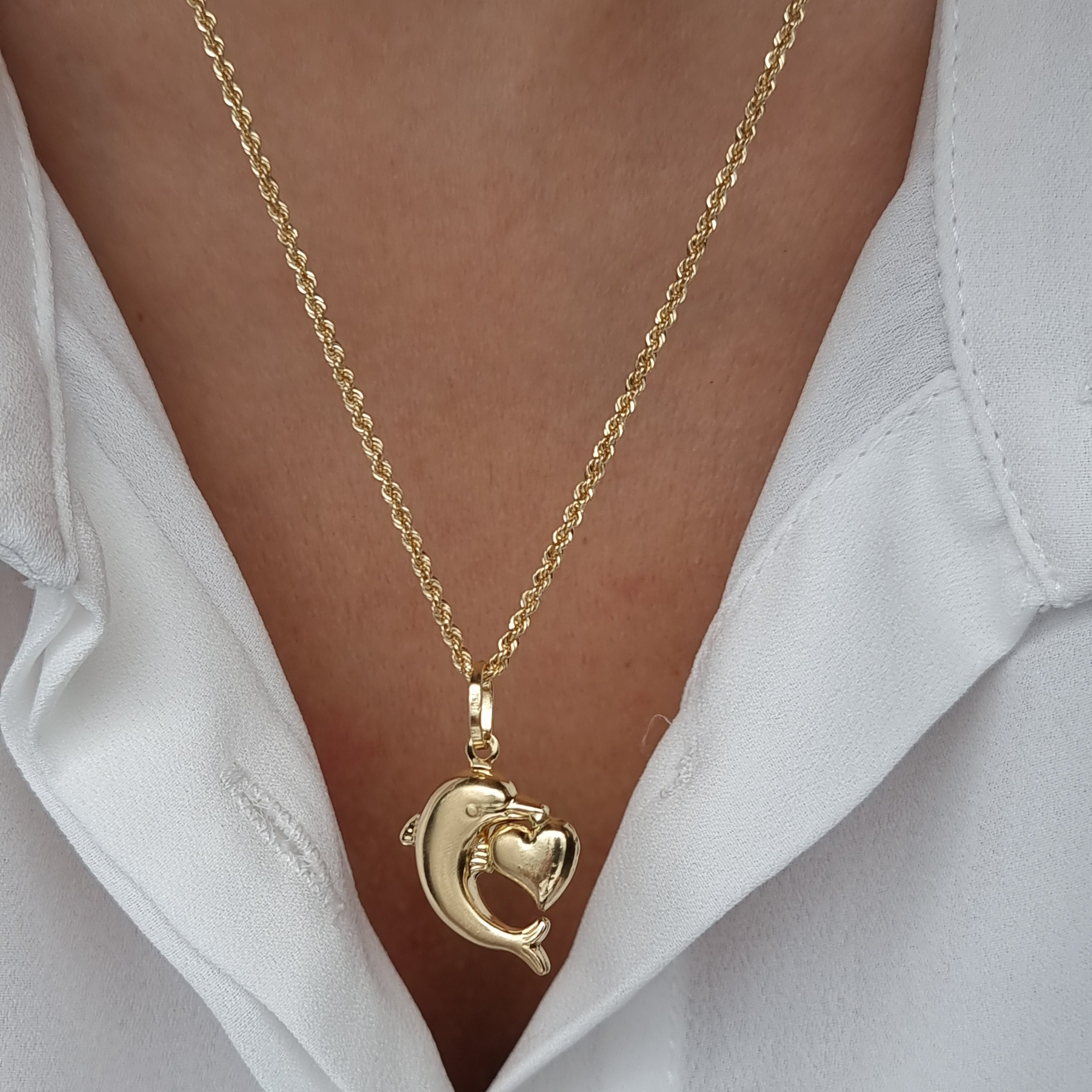 18K Pure Gold Heart Dolphin Necklace