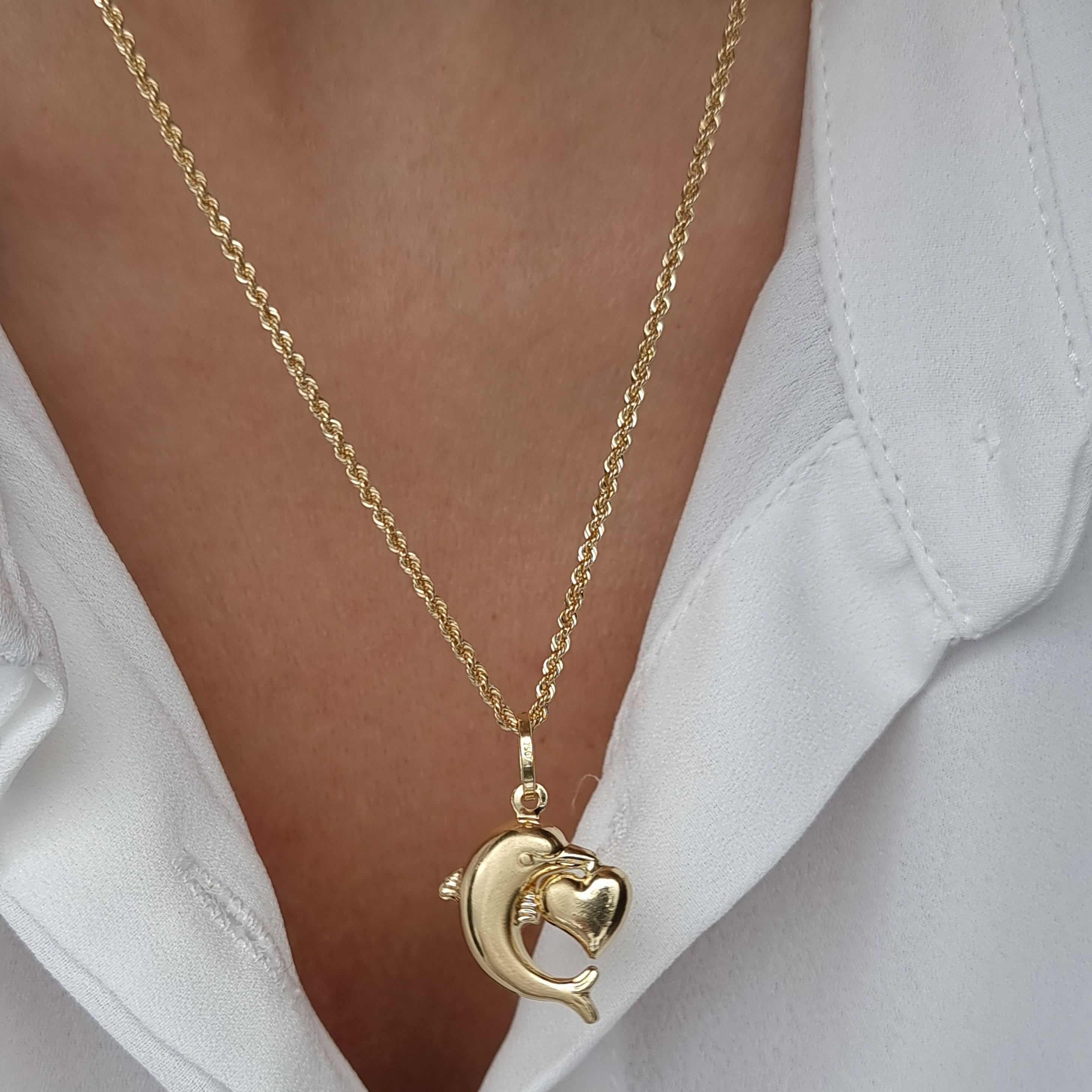 18K Pure Gold Heart Dolphin Necklace