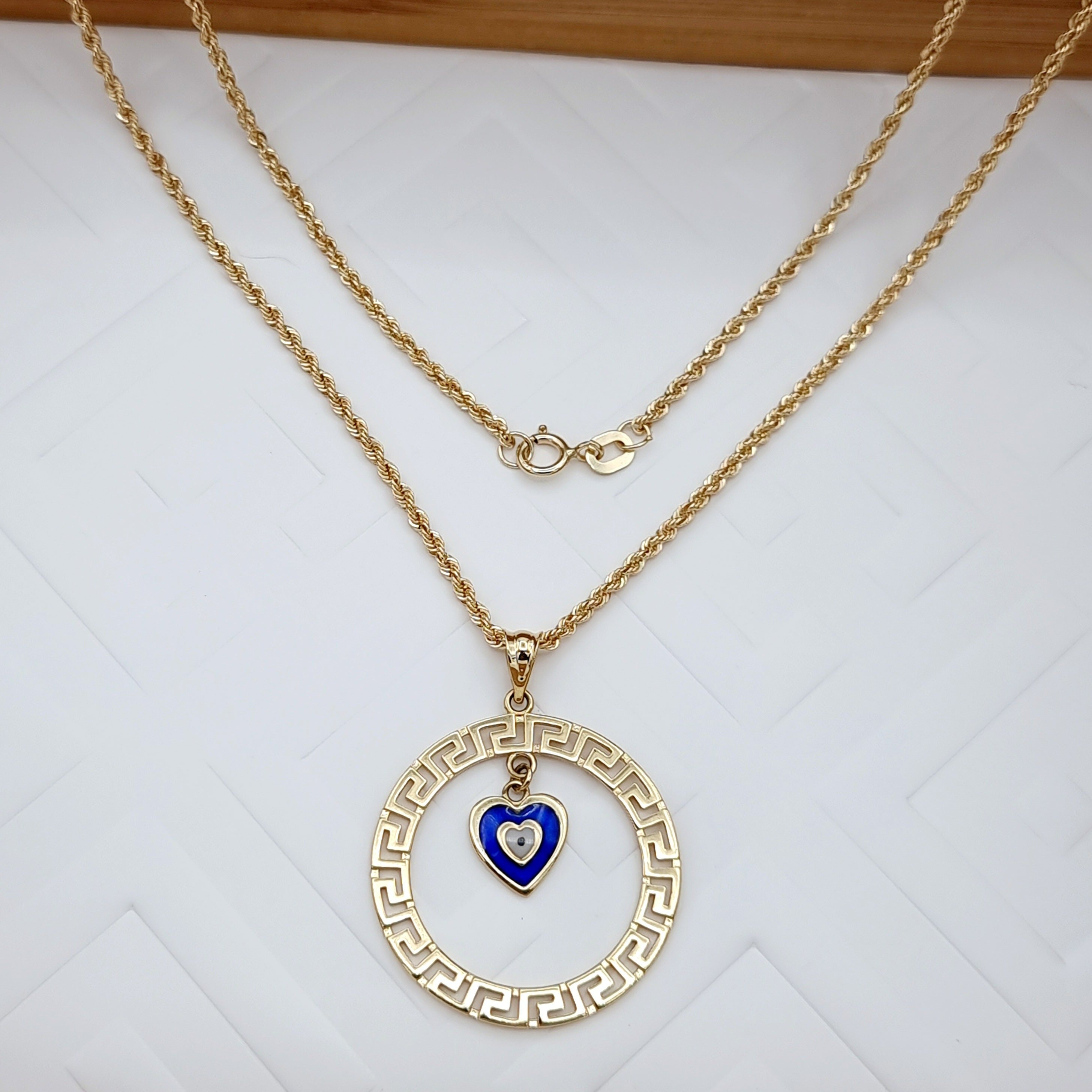 18K Pure Gold Round Blue Heart Necklace