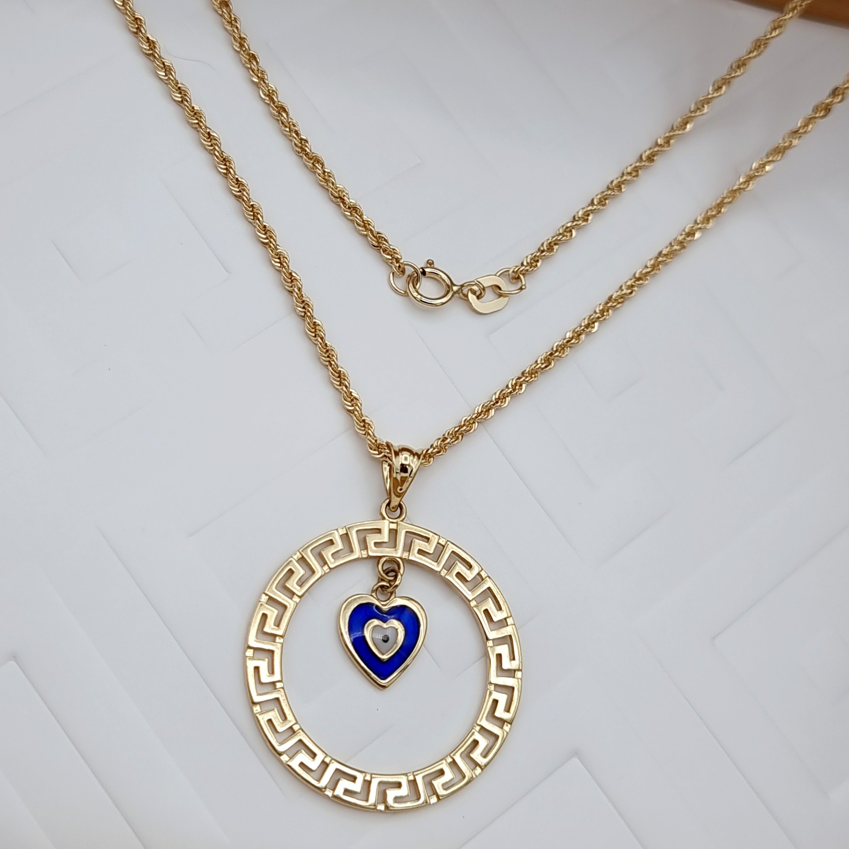 18K Pure Gold Round Blue Heart Necklace