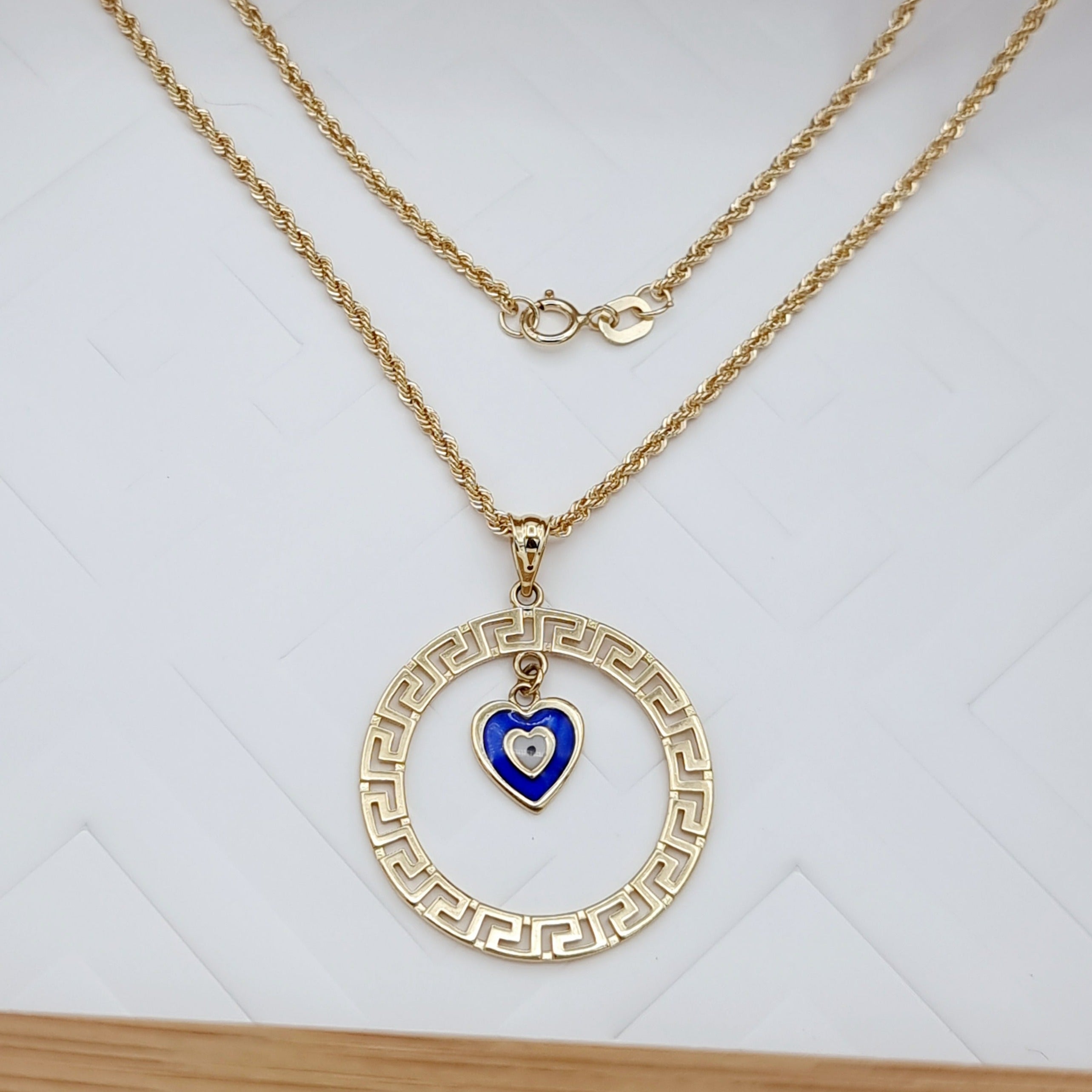 18K Pure Gold Round Blue Heart Necklace