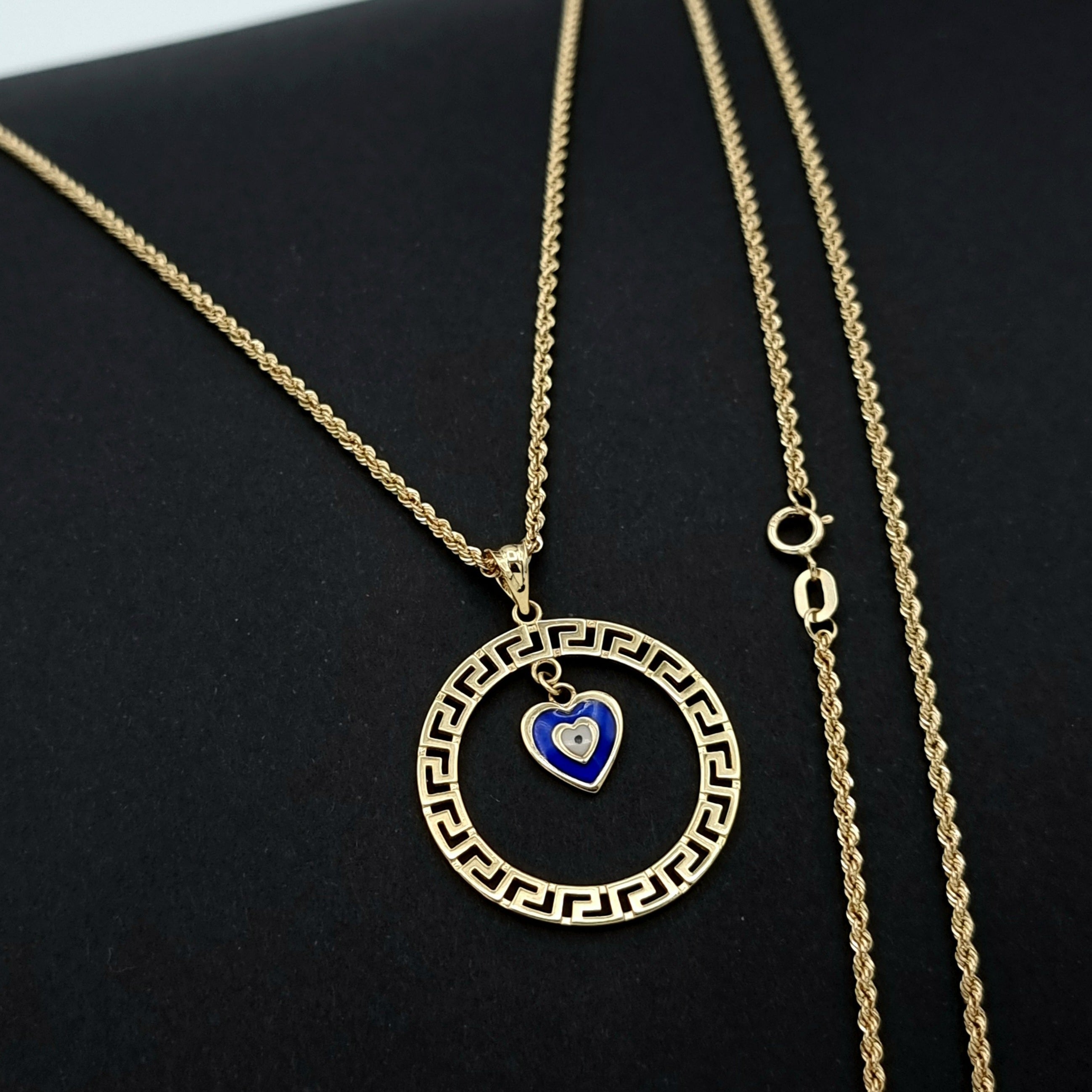 18K Pure Gold Round Blue Heart Necklace