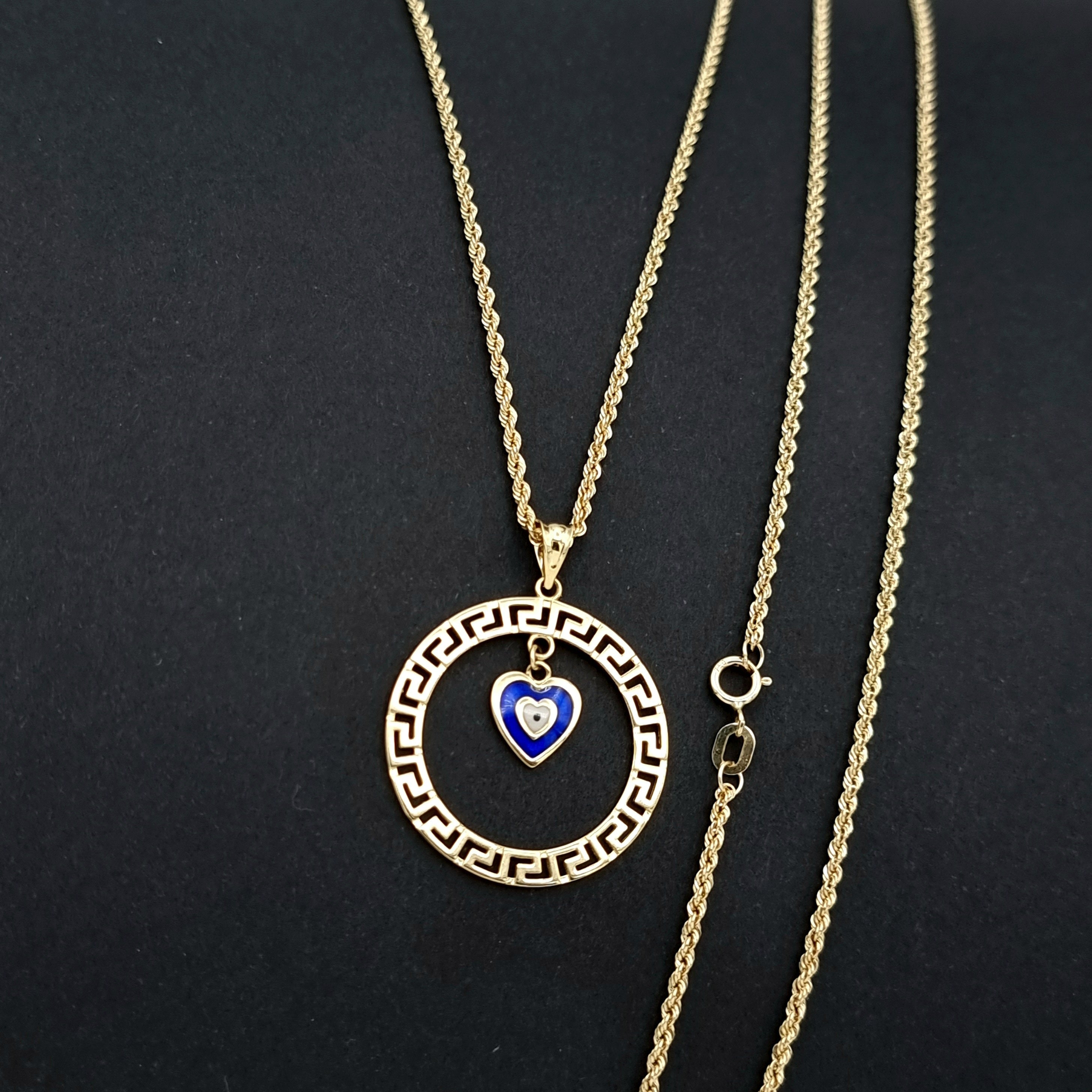 18K Pure Gold Round Blue Heart Necklace