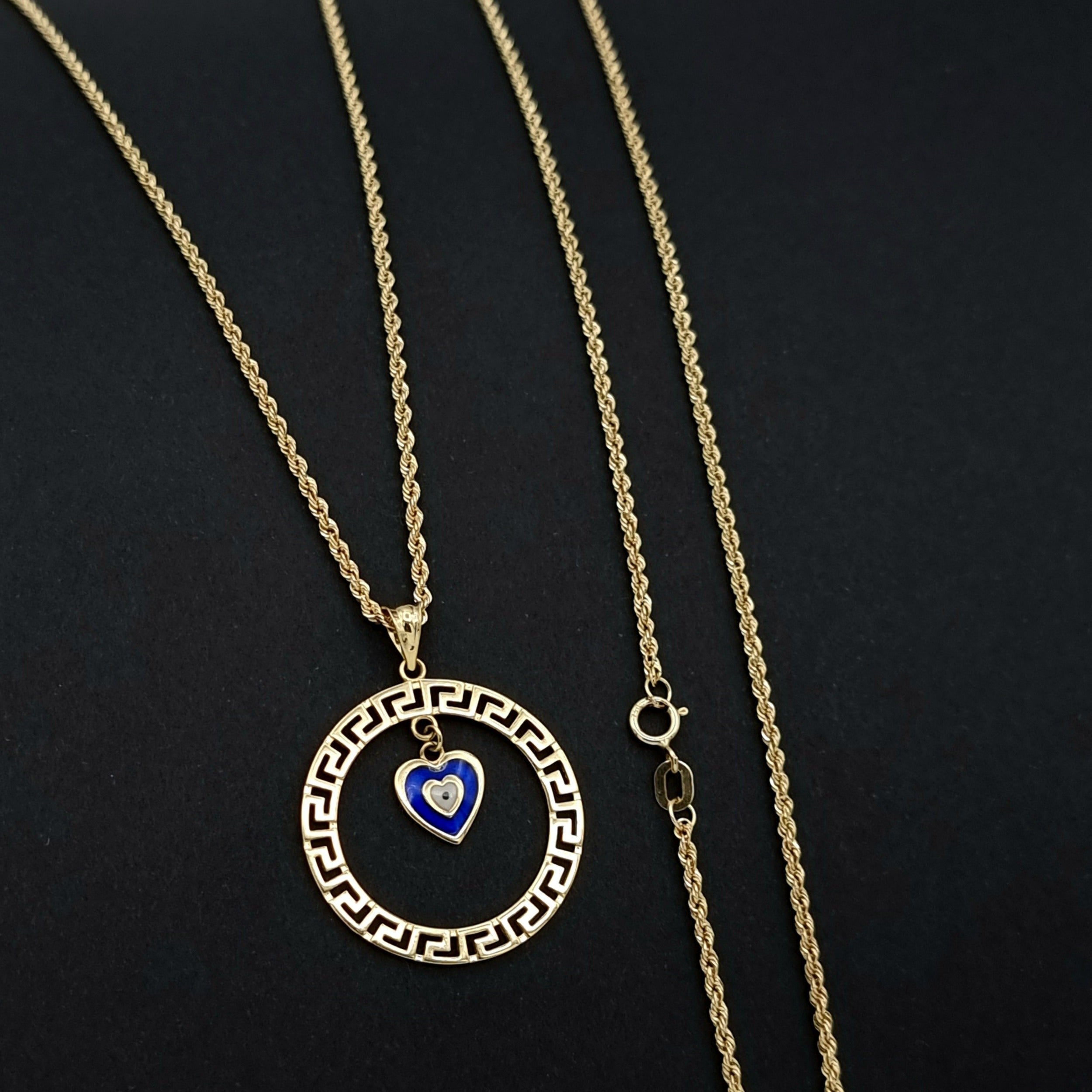 18K Pure Gold Round Blue Heart Necklace