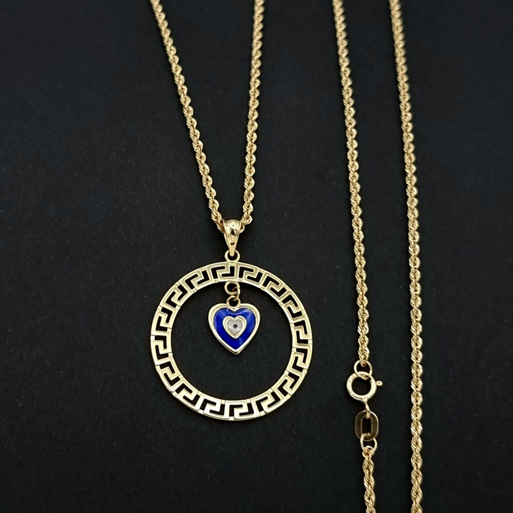 18K Pure Gold Round Blue Heart Necklace