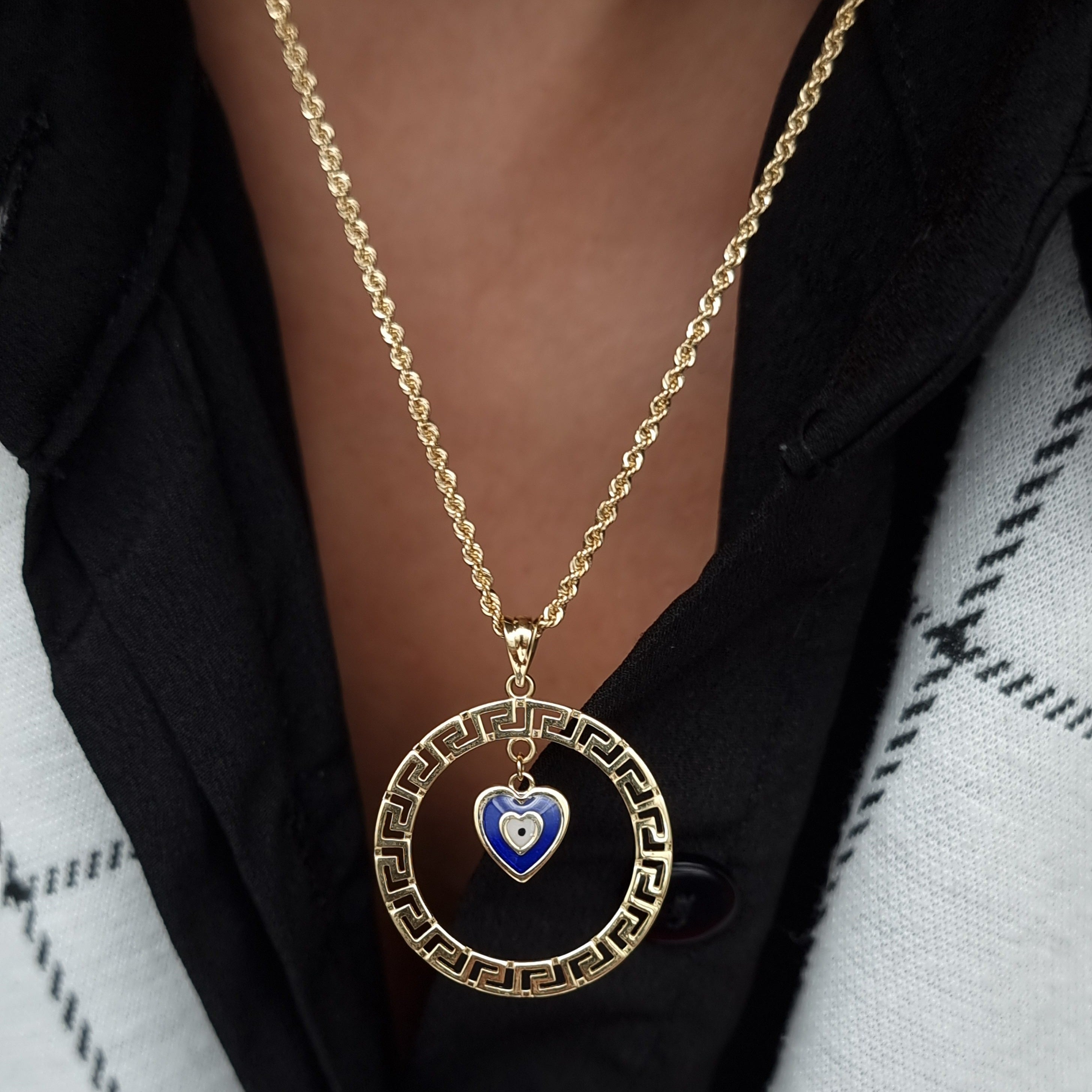 18K Pure Gold Round Blue Heart Necklace