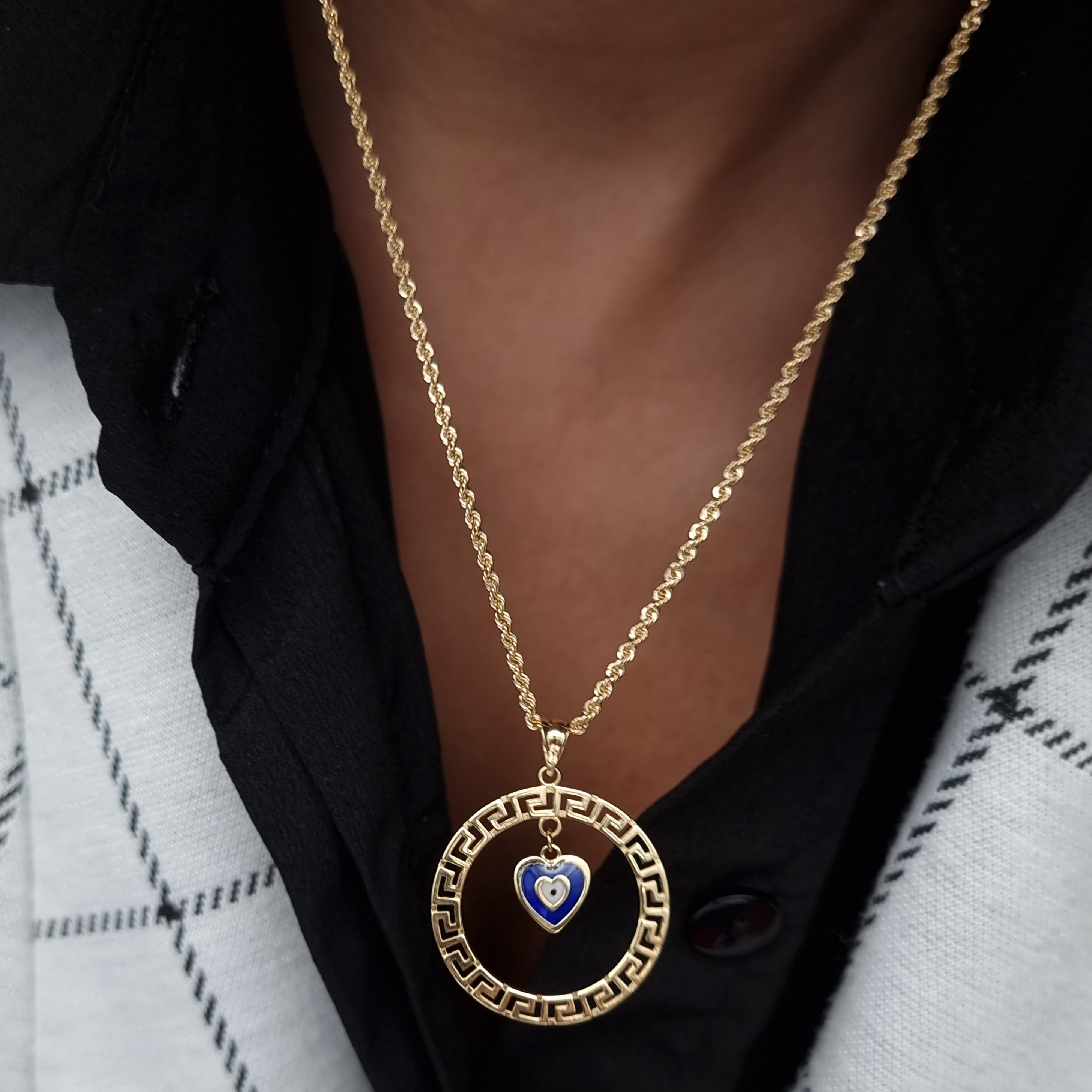 18K Pure Gold Round Blue Heart Necklace