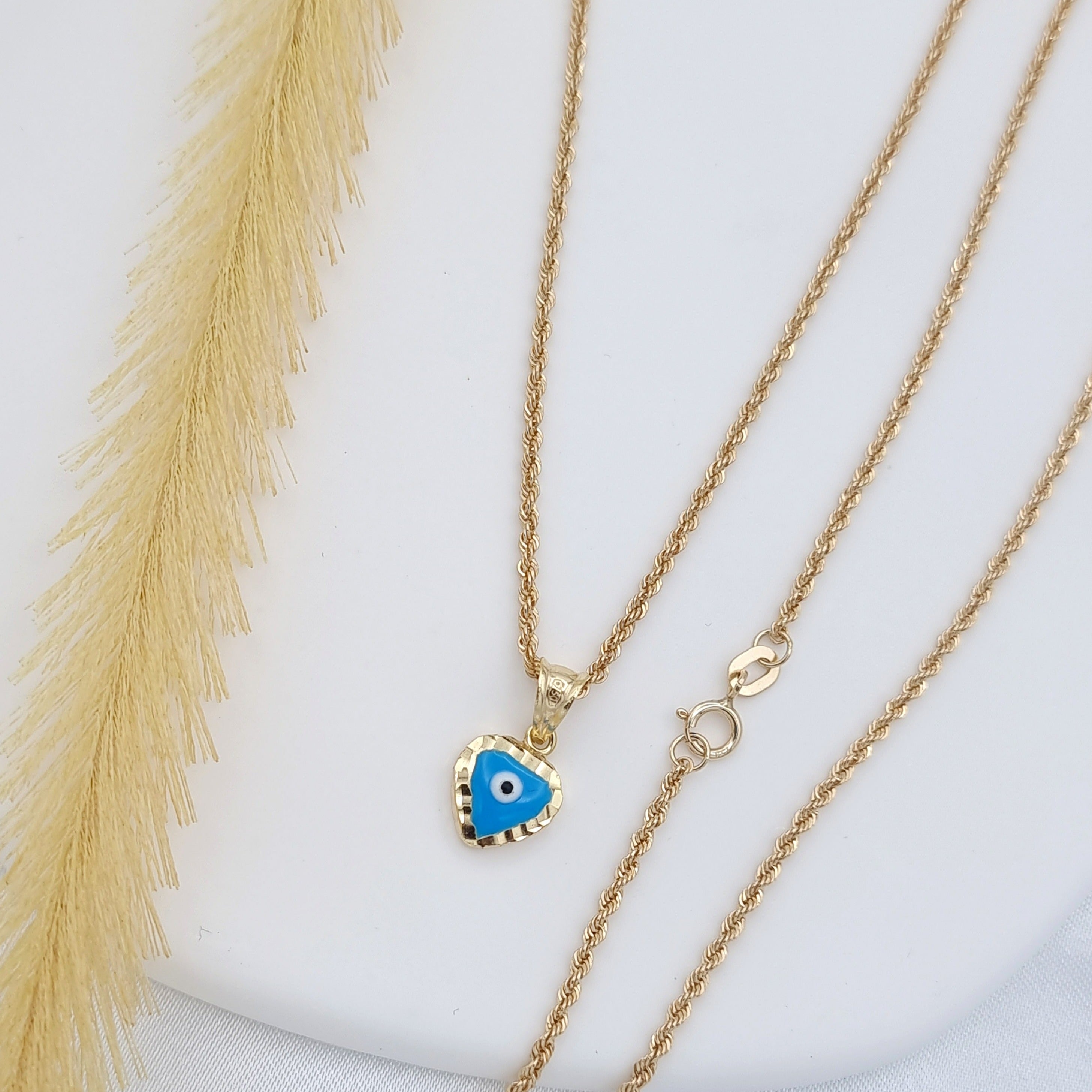 18K Pure Gold Blue Eye Heart Necklace