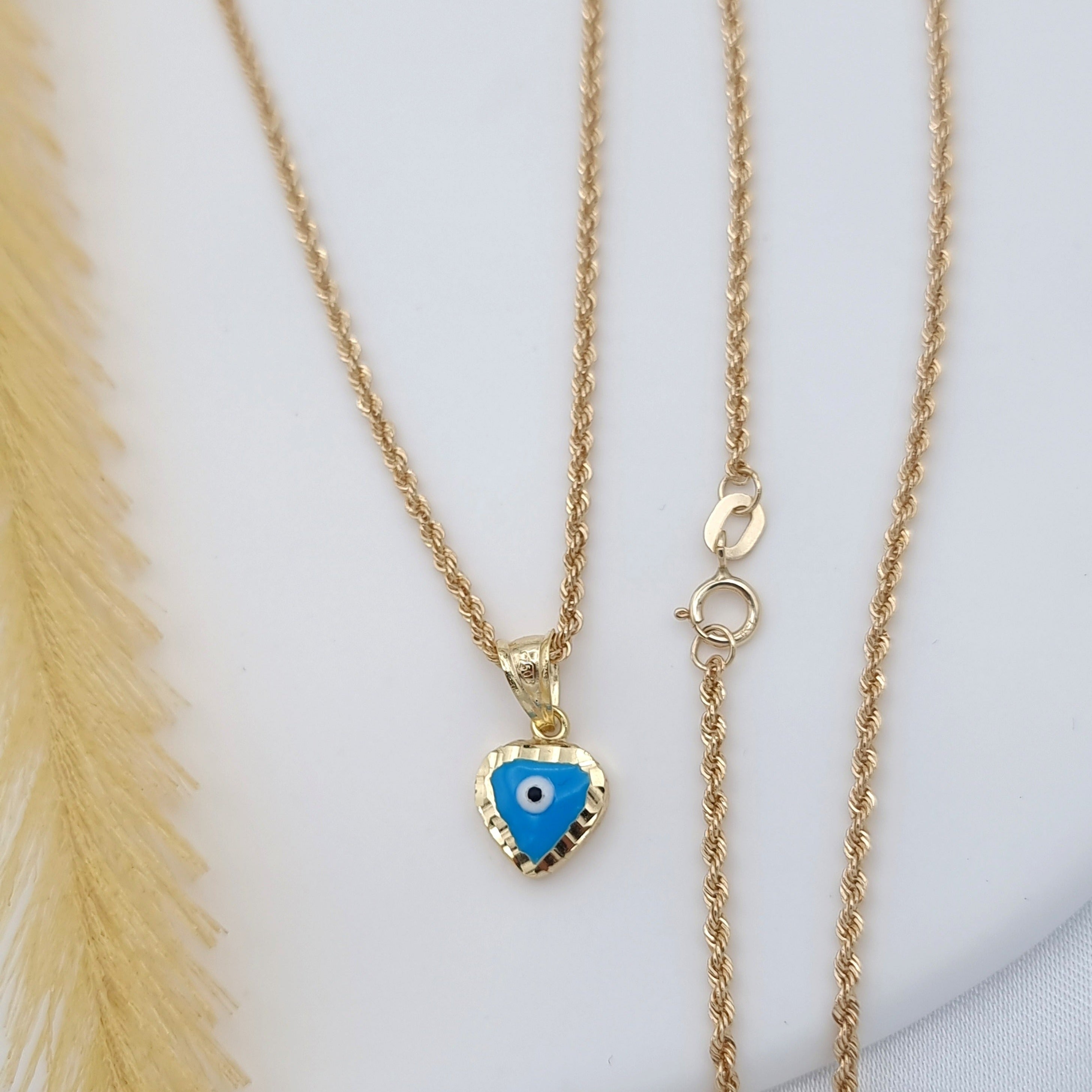 18K Pure Gold Blue Eye Heart Necklace