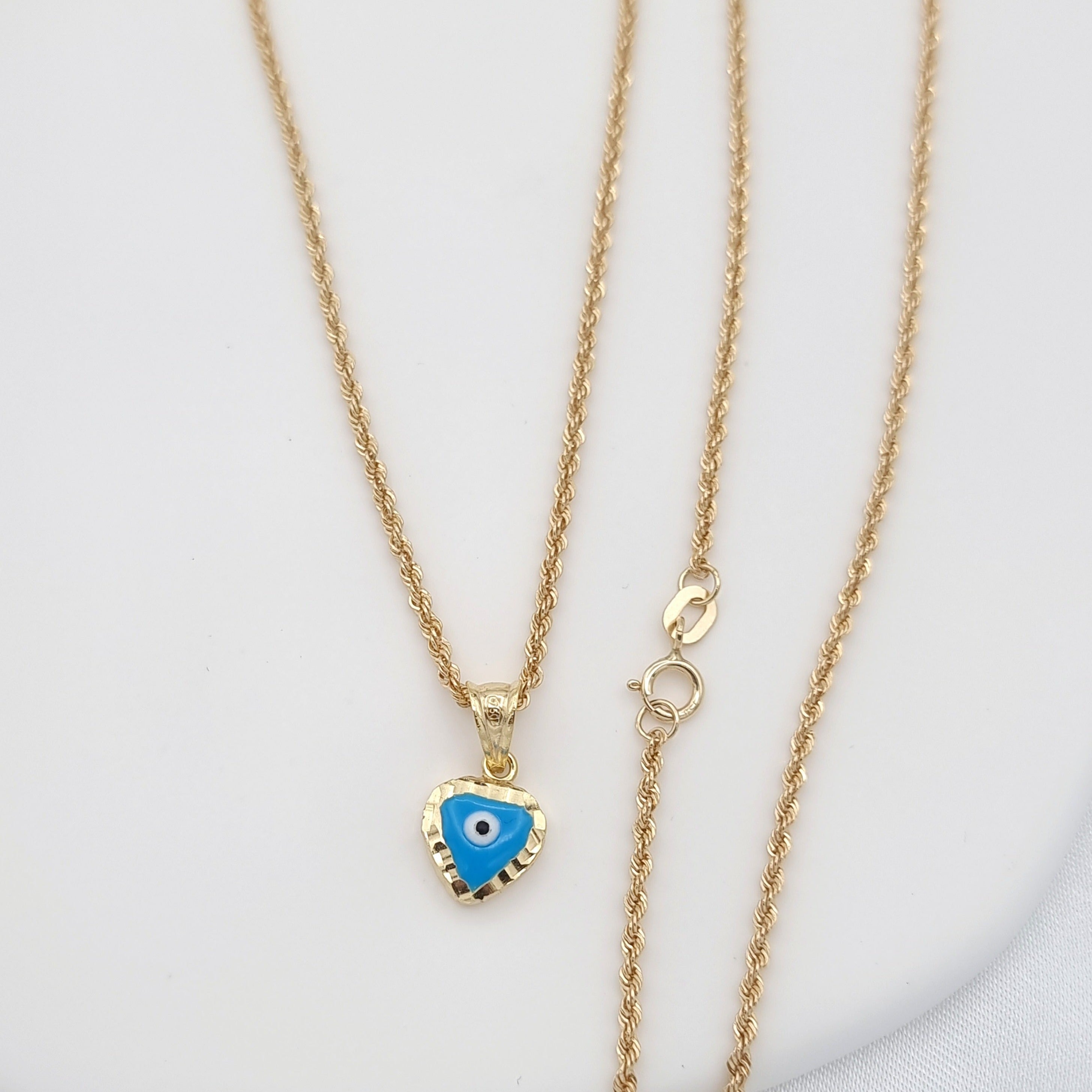 18K Pure Gold Blue Eye Heart Necklace