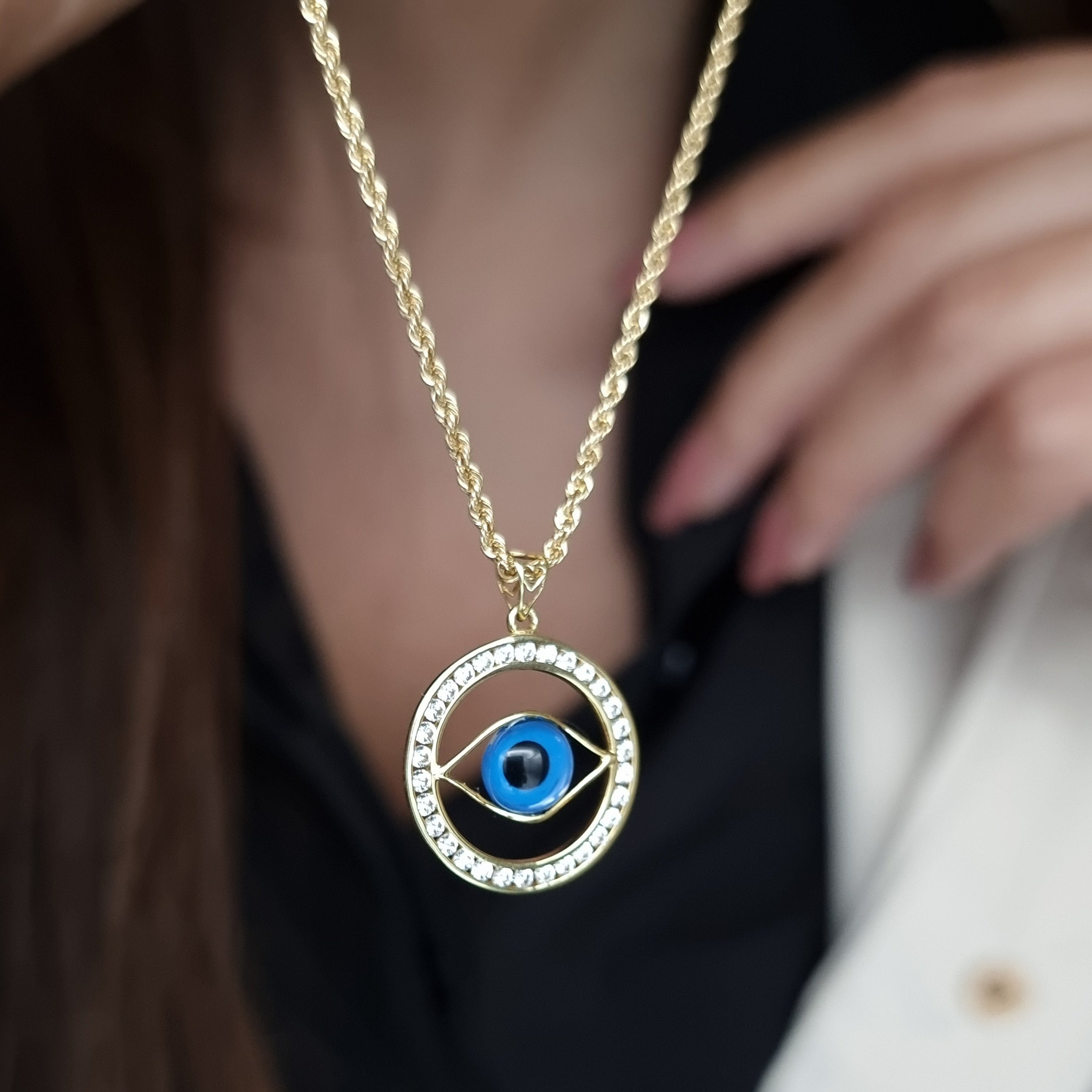 18K Pure Gold Round Blue Eye Necklace