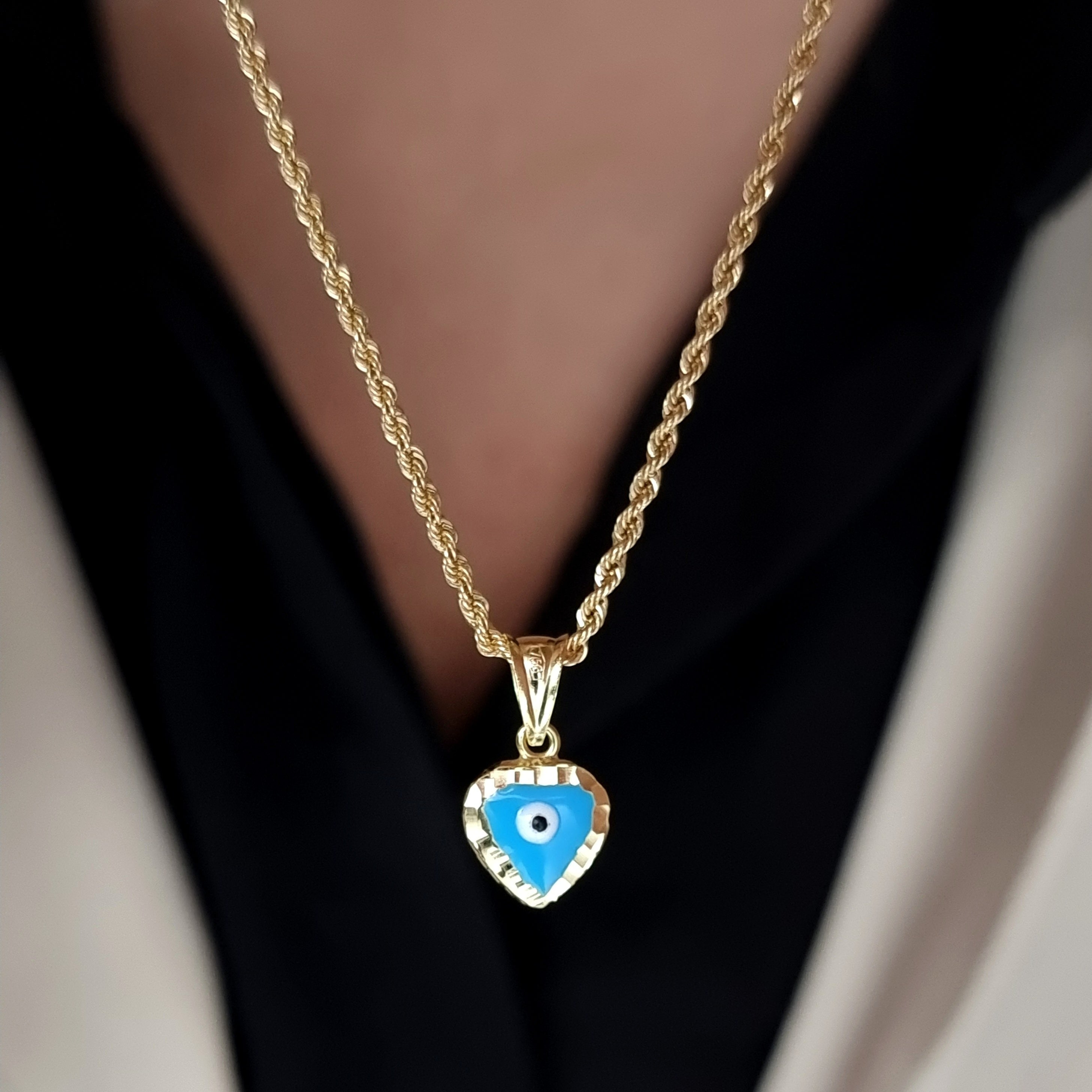 18K Pure Gold Blue Eye Heart Necklace