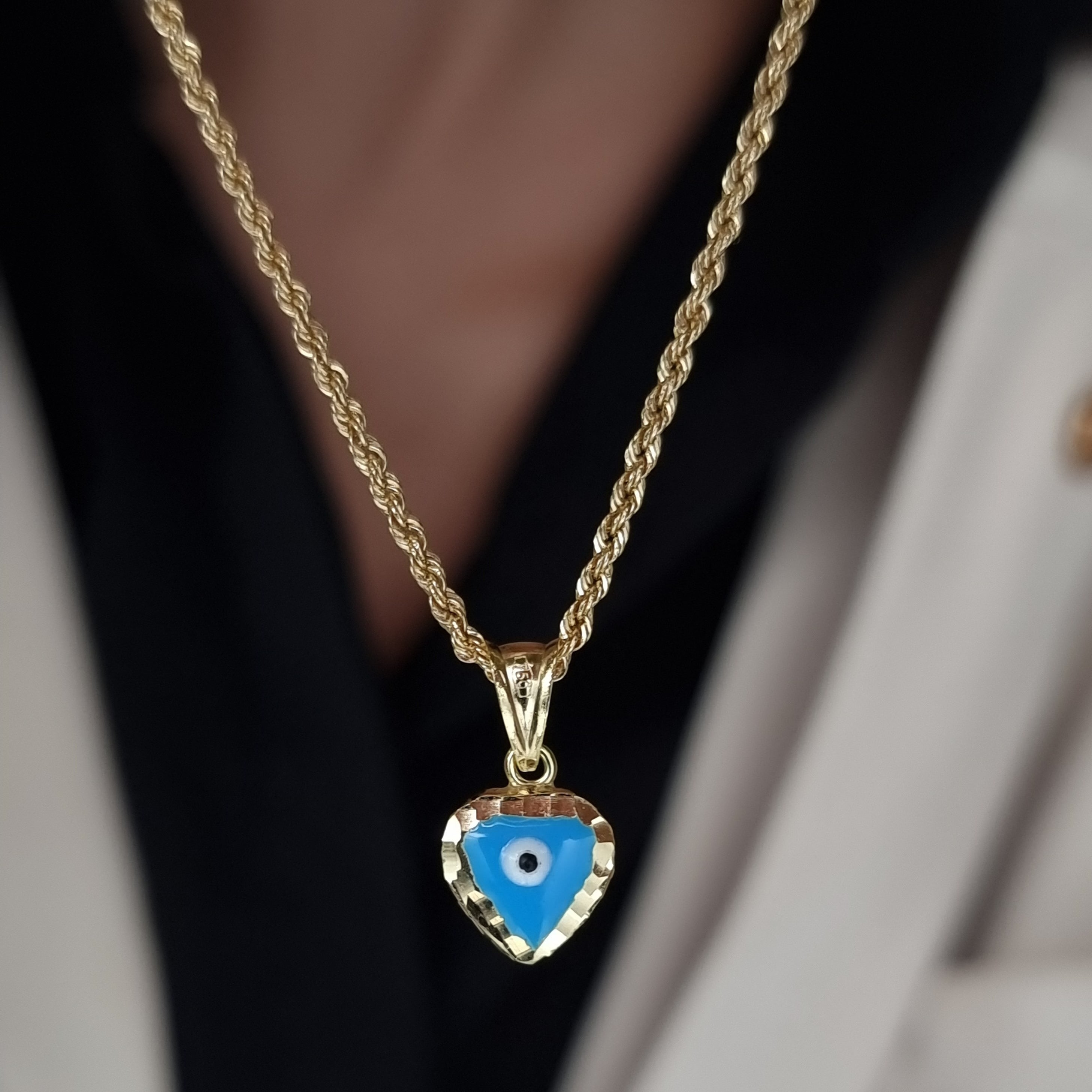 18K Pure Gold Blue Eye Heart Necklace