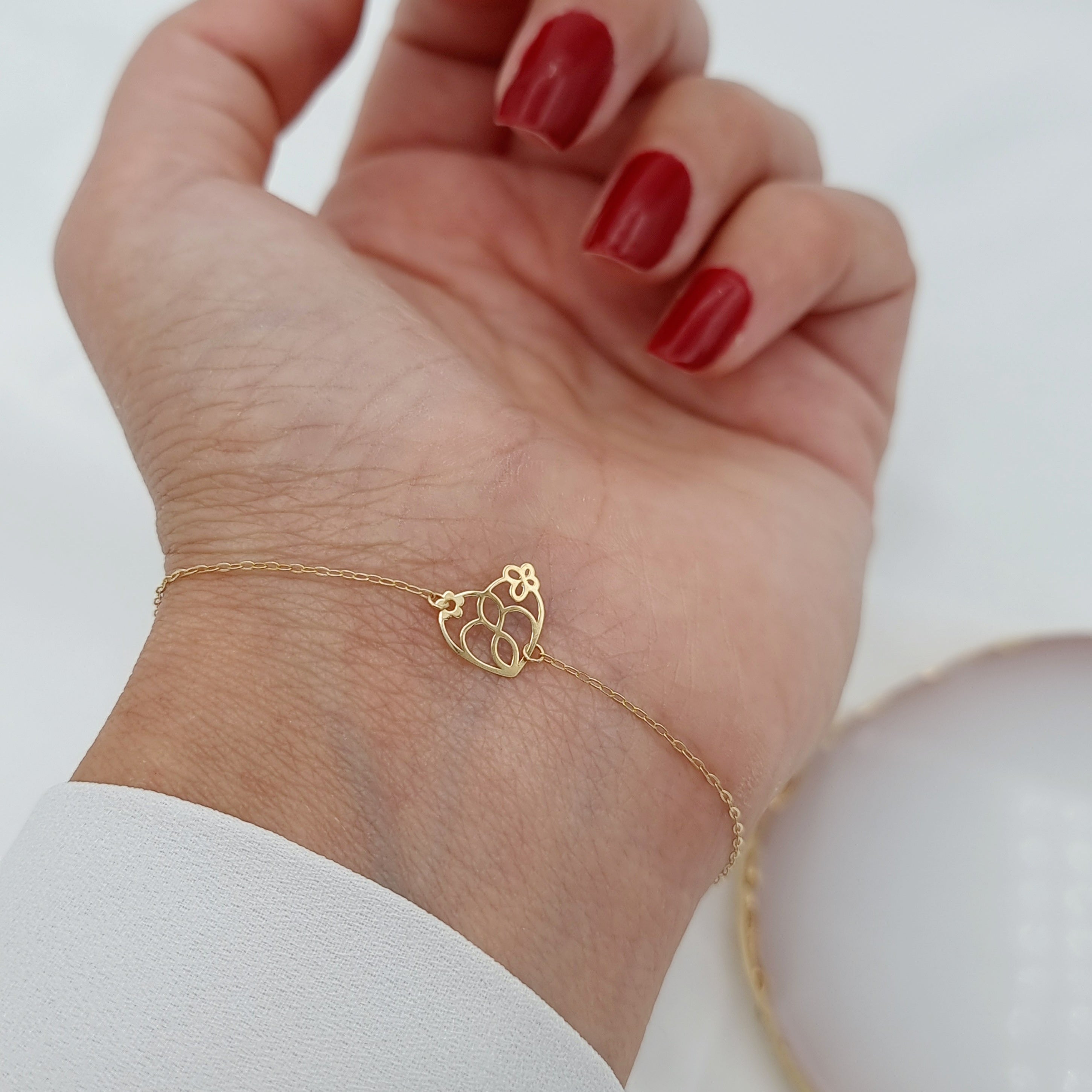 18K Pure Gold Heart Flower Bracelet