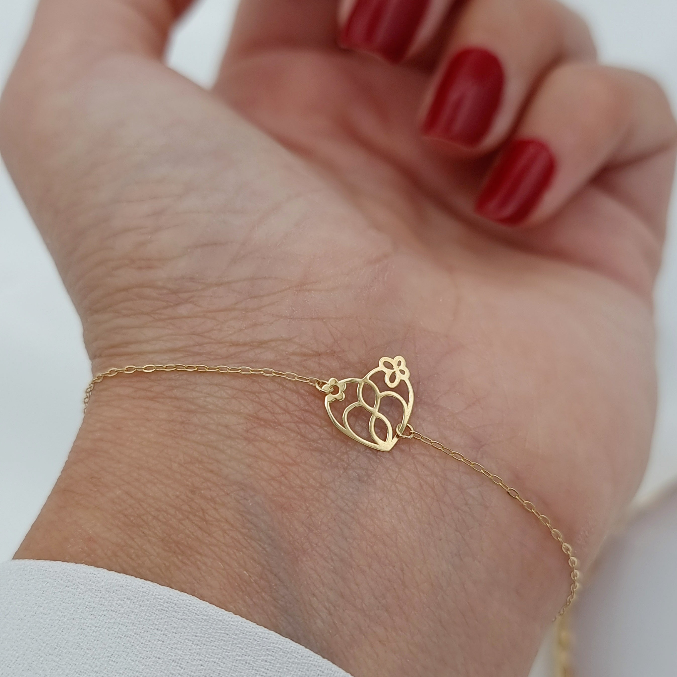 18K Pure Gold Heart Flower Bracelet