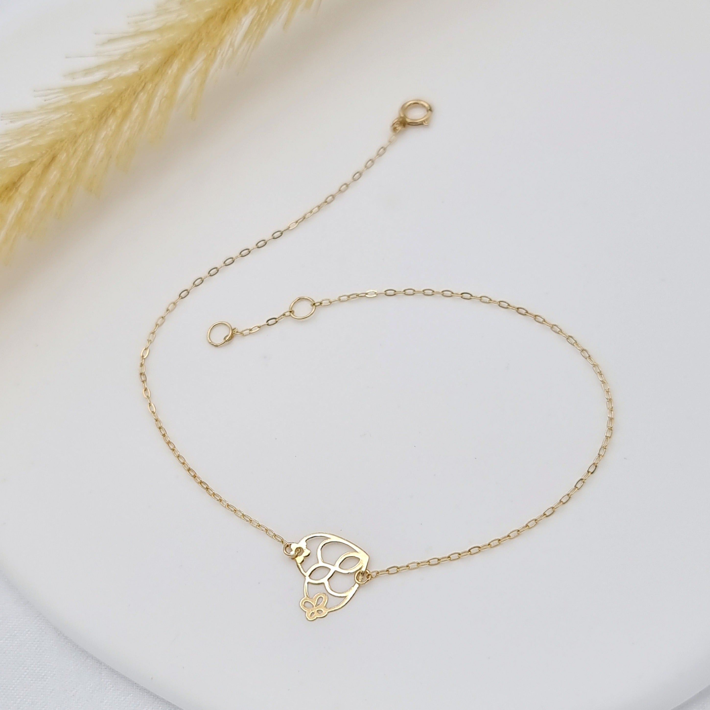 18K Pure Gold Heart Flower Bracelet