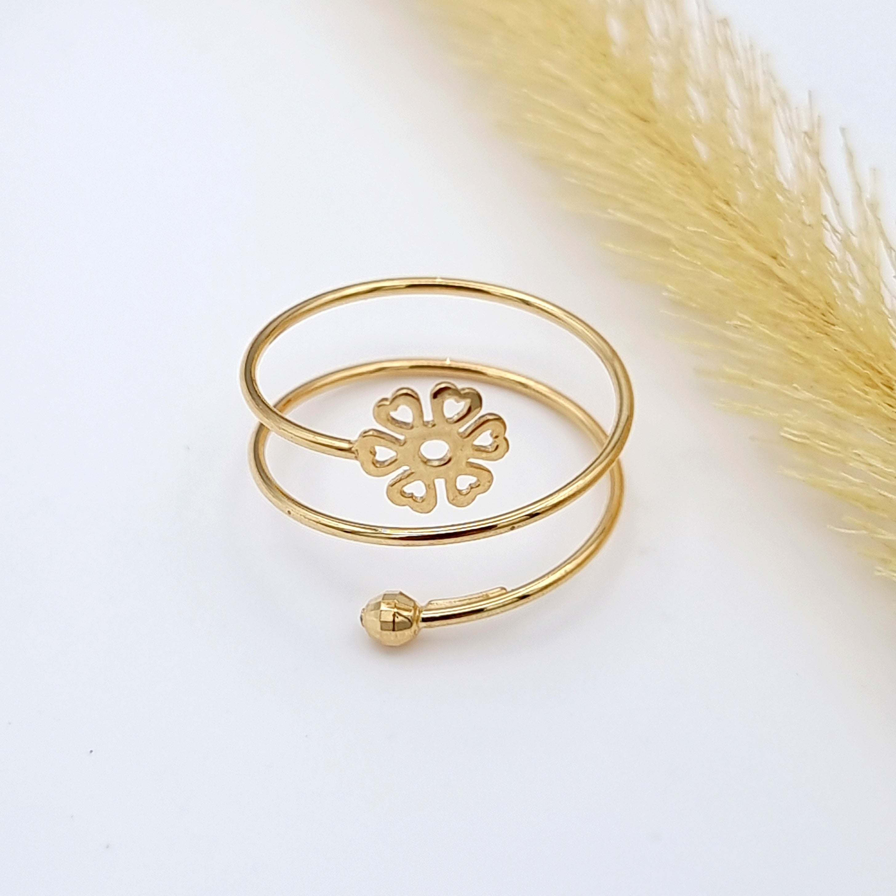 18K Pure Gold Adjustable Heart Flower Ring