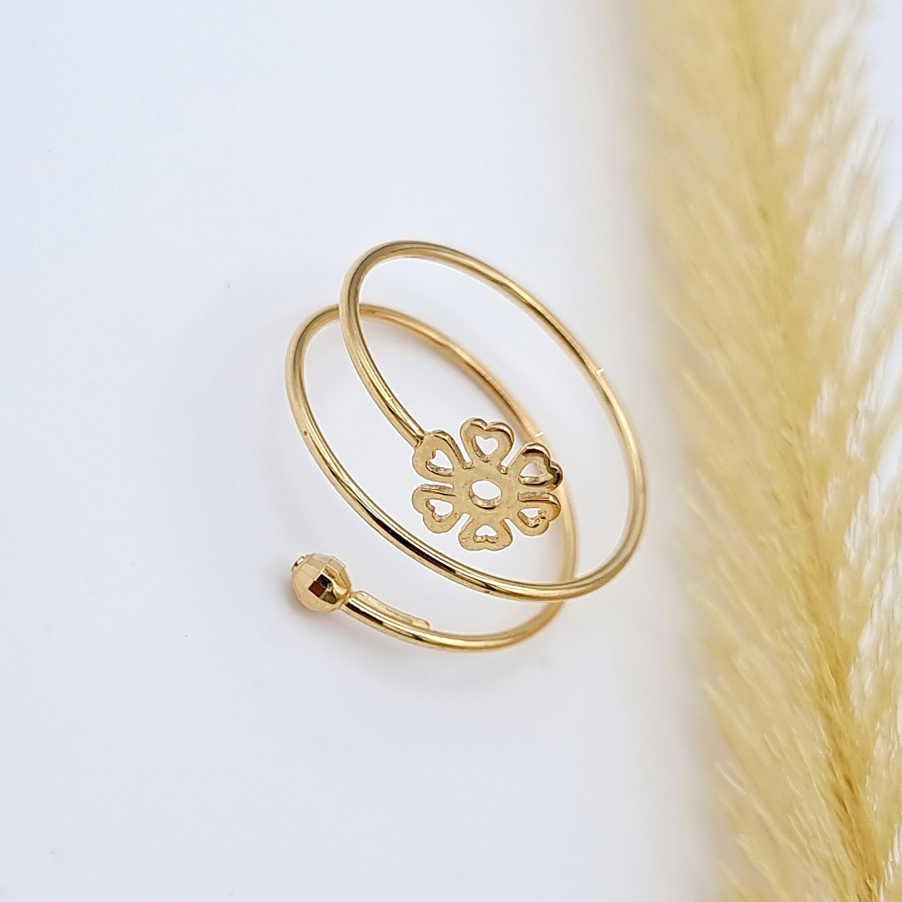 18K Pure Gold Adjustable Heart Flower Ring